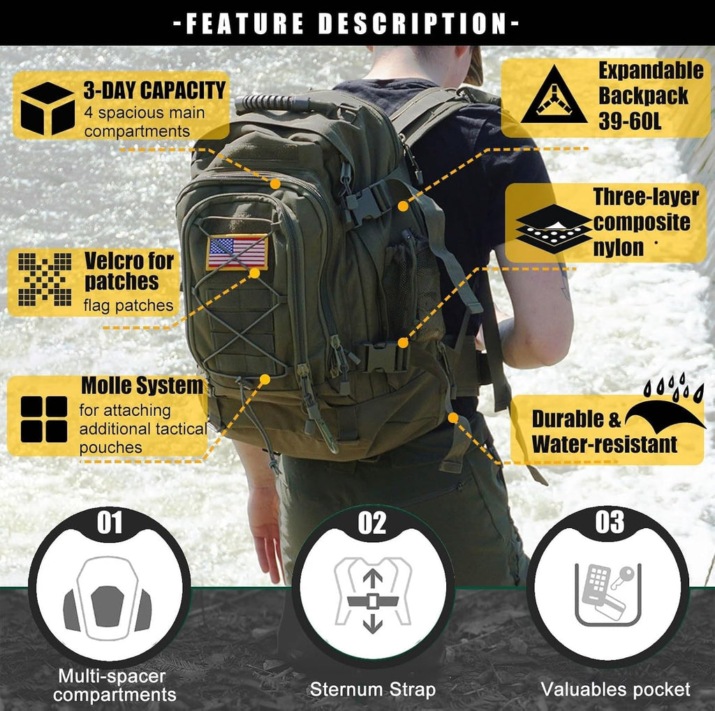 Miramrax Tactical Backpack Military Army Daypack - Assault Pack for Men Molle Backpacks Bug Out Bag 3 Day Pack for Hiking Camping Travel Hunting Rucksack Trekking Green
