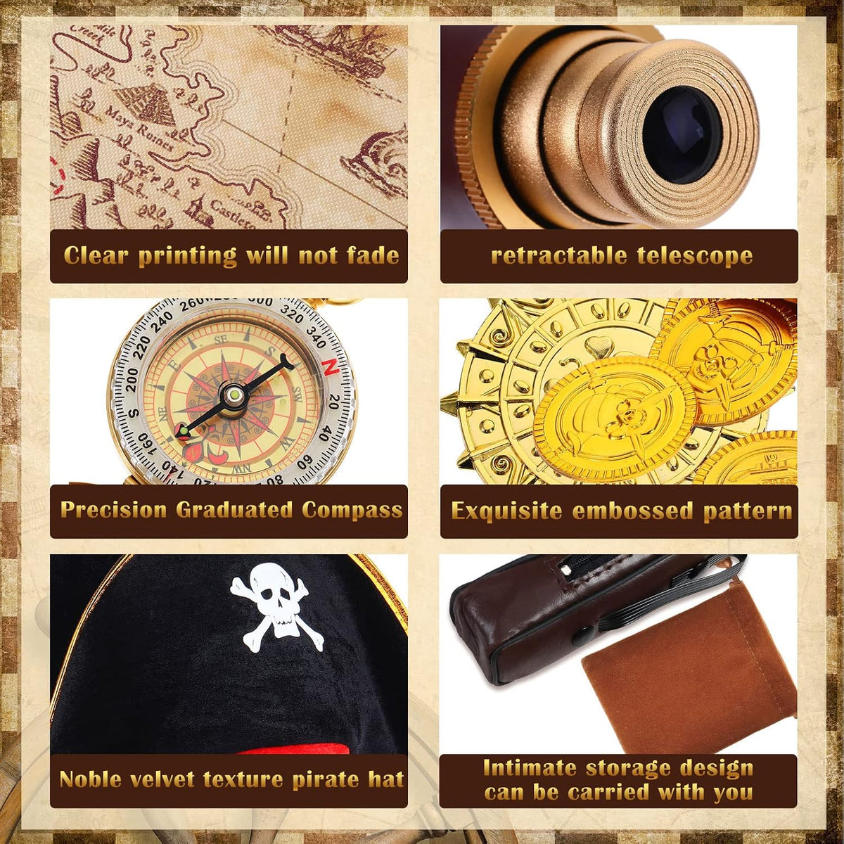 17 Piece Pirate Monocular Telescope Pirate Treasure Map Eye Patch Hat Pocket Compass Necklace Plastic Coins with Velvet Bag for Party Supplies