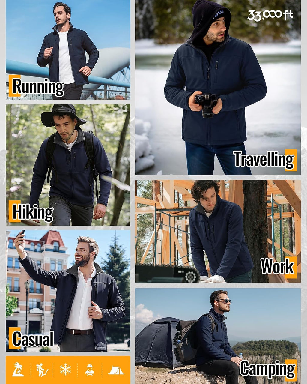 33,000ft Men's Lightweight Softshell Jacket Fleece Waterproof Windbreaker
