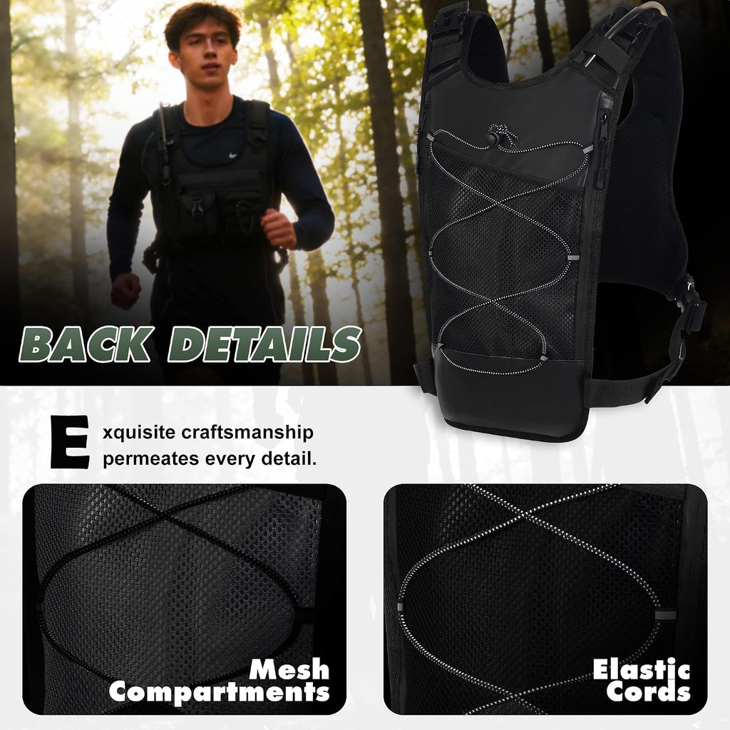Hydration Running Vest Backpack with 2L Water Bladder - Lightweight & Reflective Chest Pack with Gear Holder, Includes Free Carabiner for Hiking, Running, Cycling, Marathon (Men & Women)