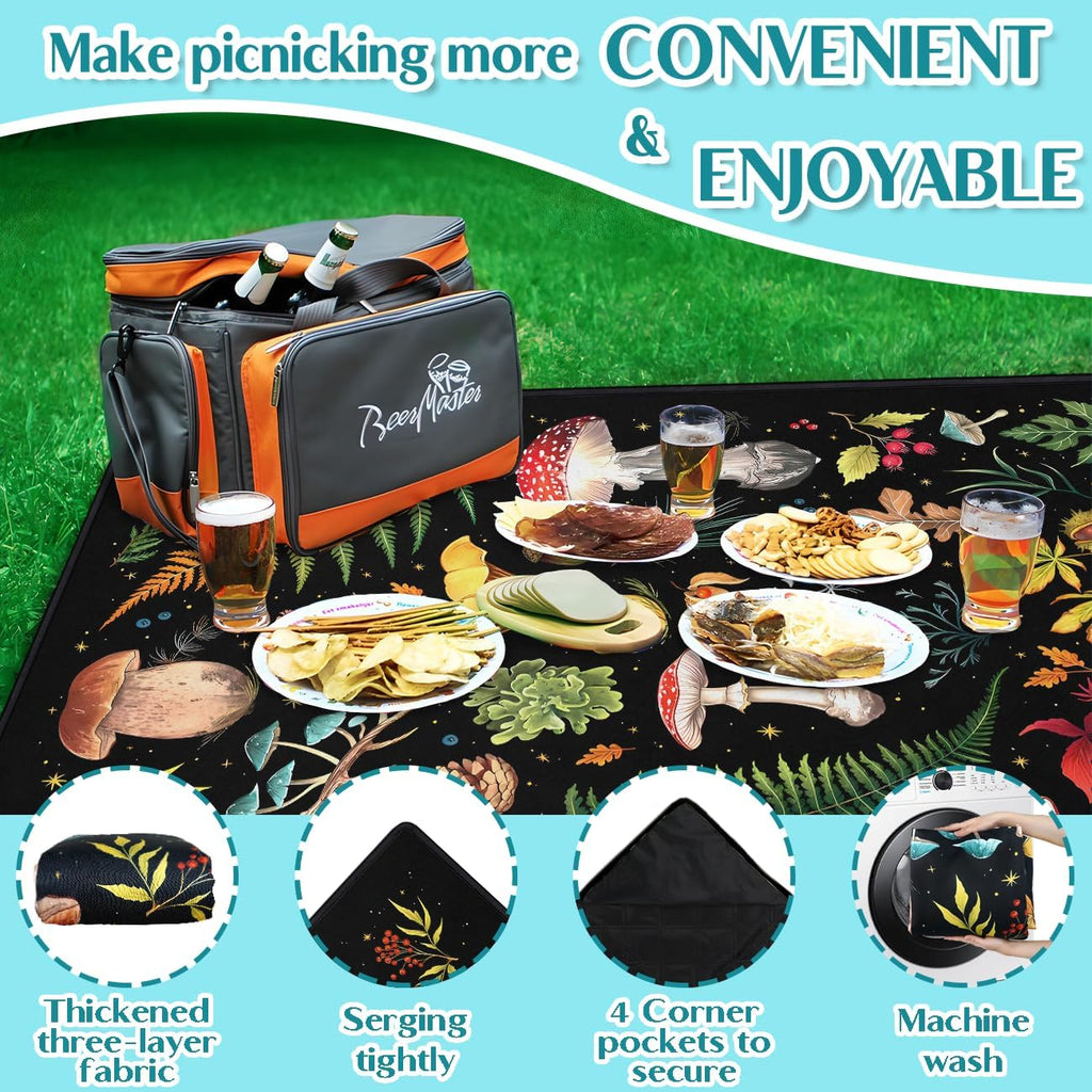 Mushroom Picnic Blankets Waterproof Foldable, 60″X80″Thick Three Layer Picnic Mat Outdoor Blanket for Grass,Cute Beach Blanket Sandproof Picnic Accessories for Camping Party Park Hiking