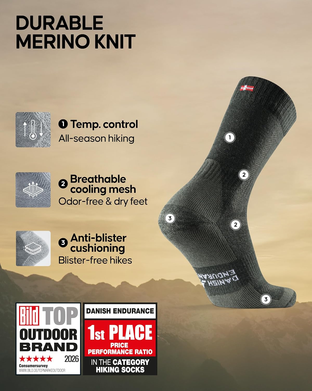 DANISH ENDURANCE Hiking Socks, Merino Wool, Anti-Blister, 3 & 5-Pack