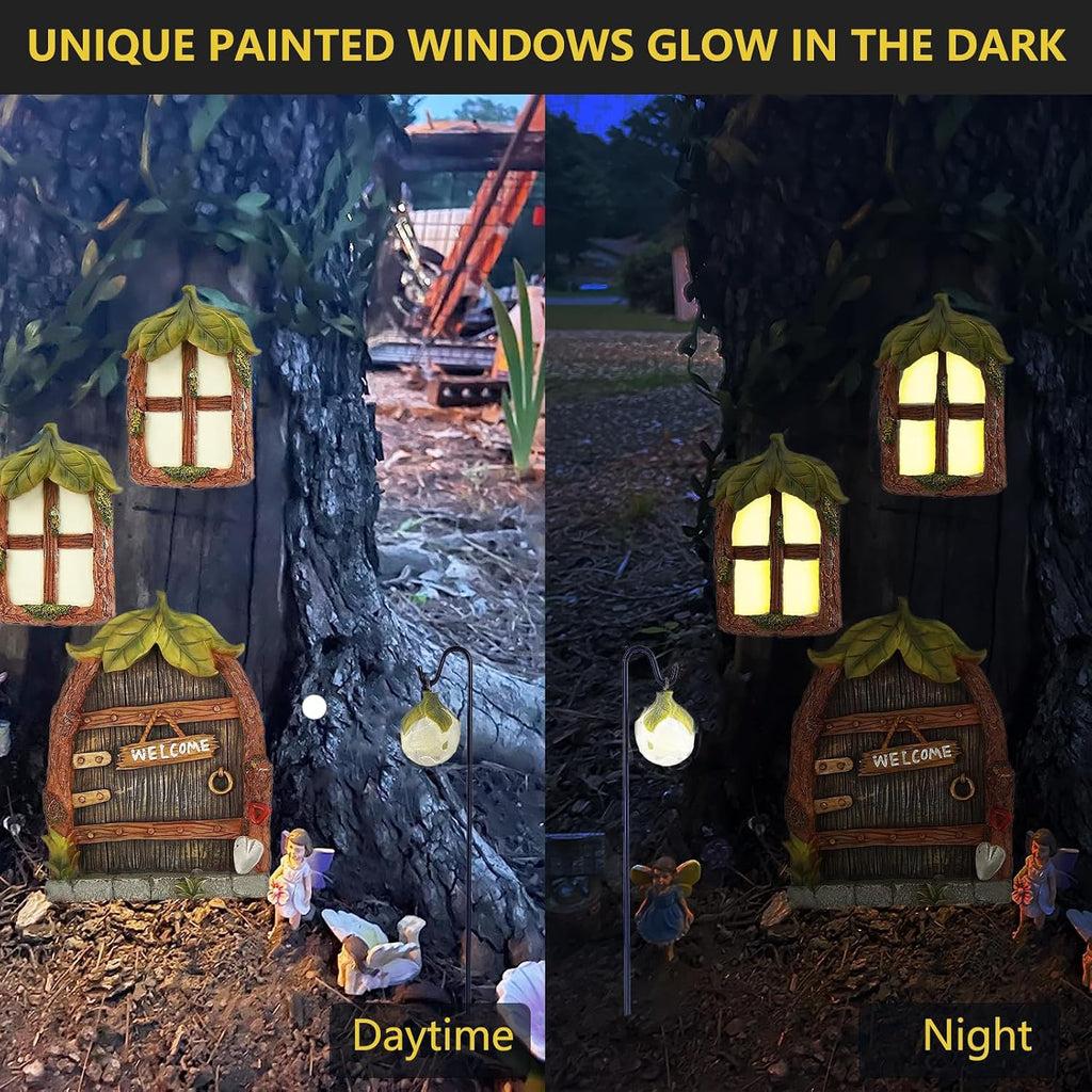 Miniature Fairy Garden Accessories Fairy Door and Windows for Trees, Glow in The Dark Yard Sculpture Lawn Ornament Mini Garden Art Outdoor Decor Accessories with Lantern