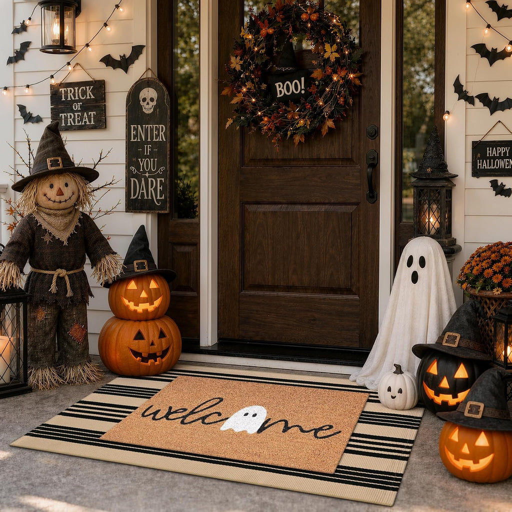 Striped Outdoor Fall Front Door Mat 24"x51", Cotton Washable Rug