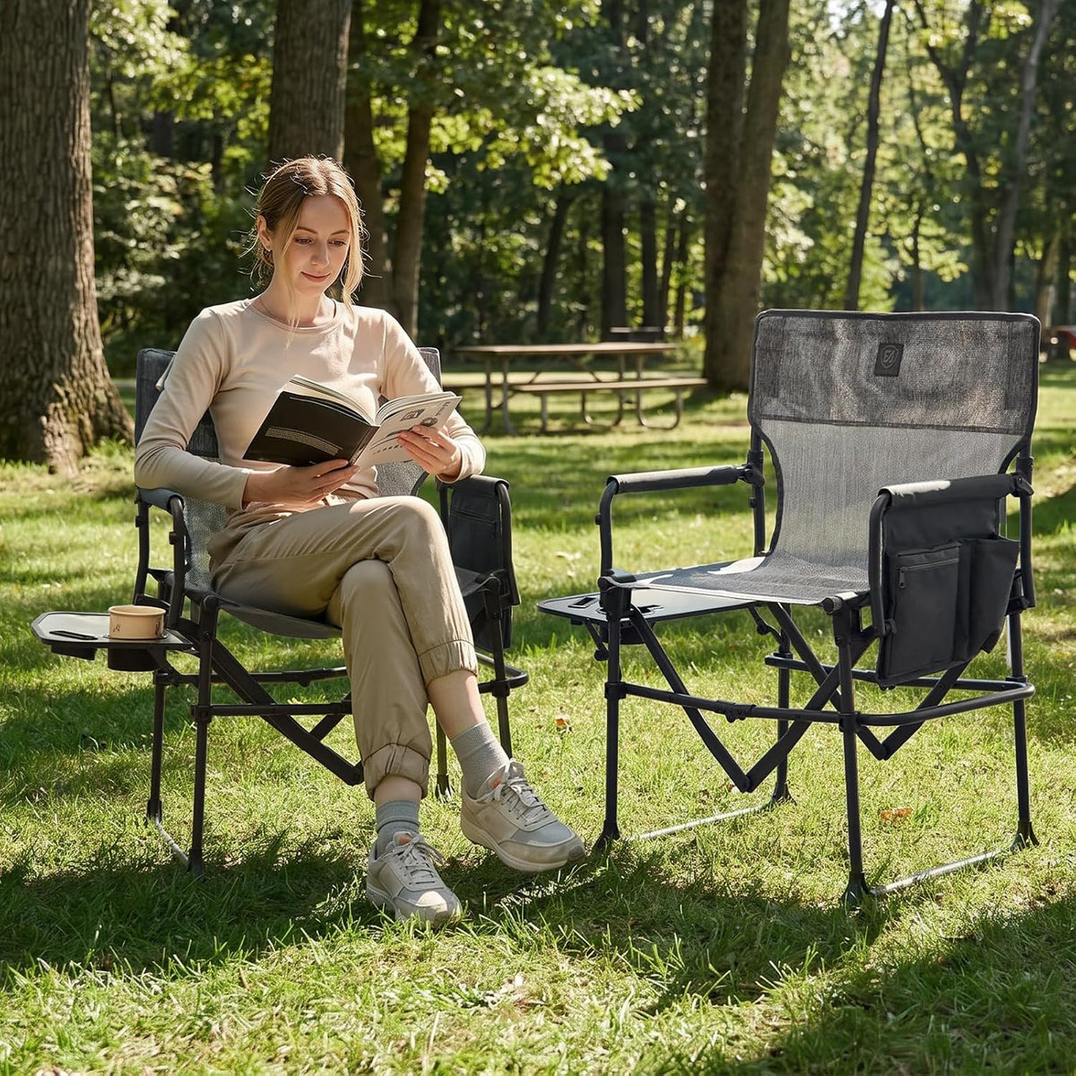 EVER ADVANCED Camping Directors' Chair with Side Table, Portable Folding with Compact Size, Breathable & Quick Dry Design Heavy Duty Lawn Chair with Pocket, 400lbs, Elastic Mesh, Grey