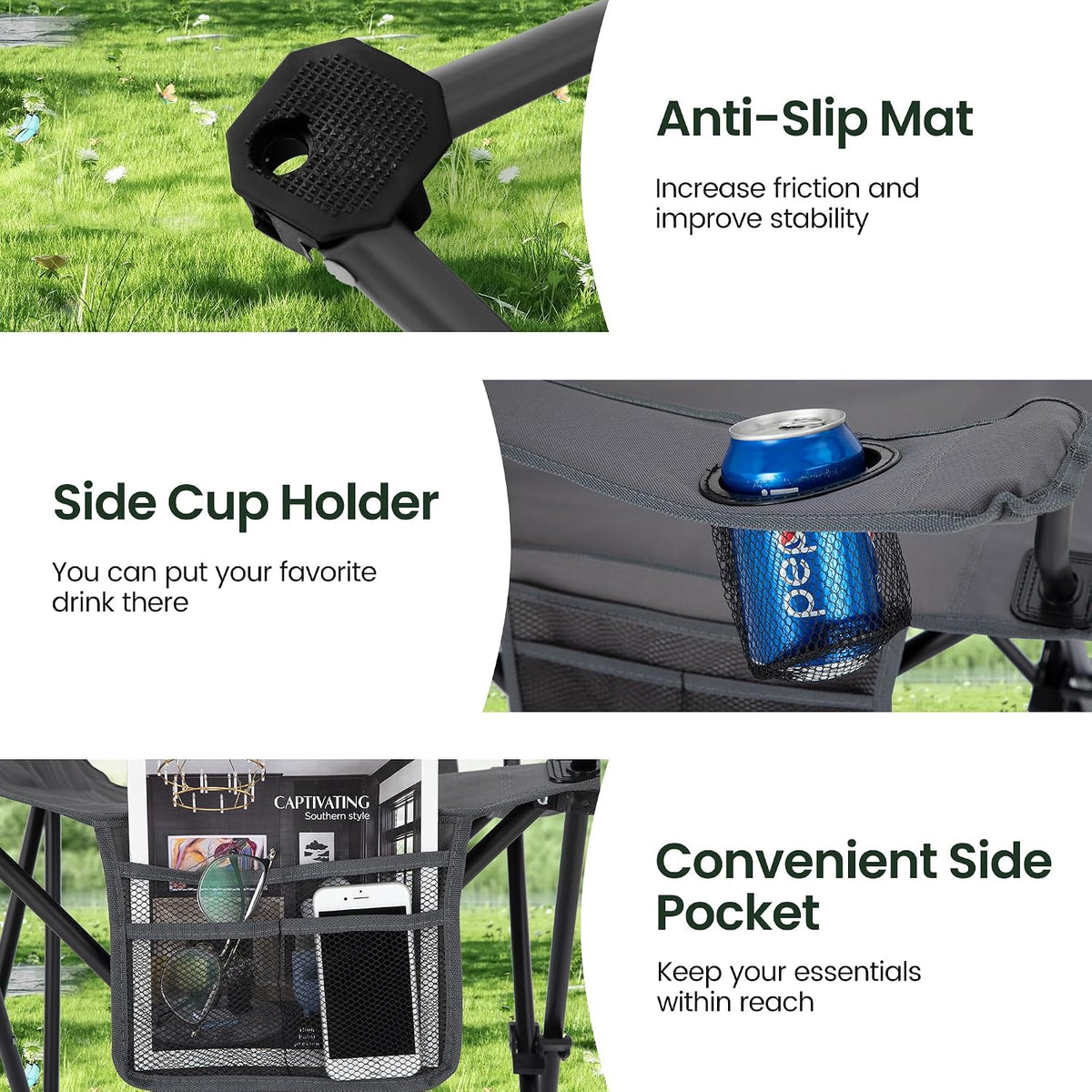 2 Pack Folding Camping Chairs Outdoor Lawn Chair Support 250lbs Gray