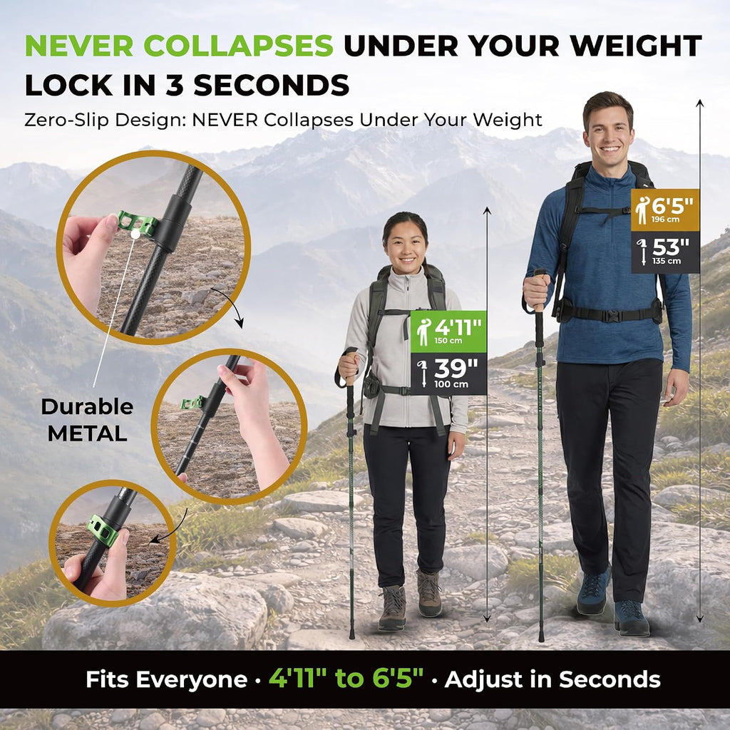 Trekology 3K Carbon Fiber Trekking Poles (210g) - Pair of Ultralight Hiking Poles with Cork Grips, Collapsible Telescopic Walking Sticks, Metal Flip-Locks & 10pc All-Terrain Accessory Kit
