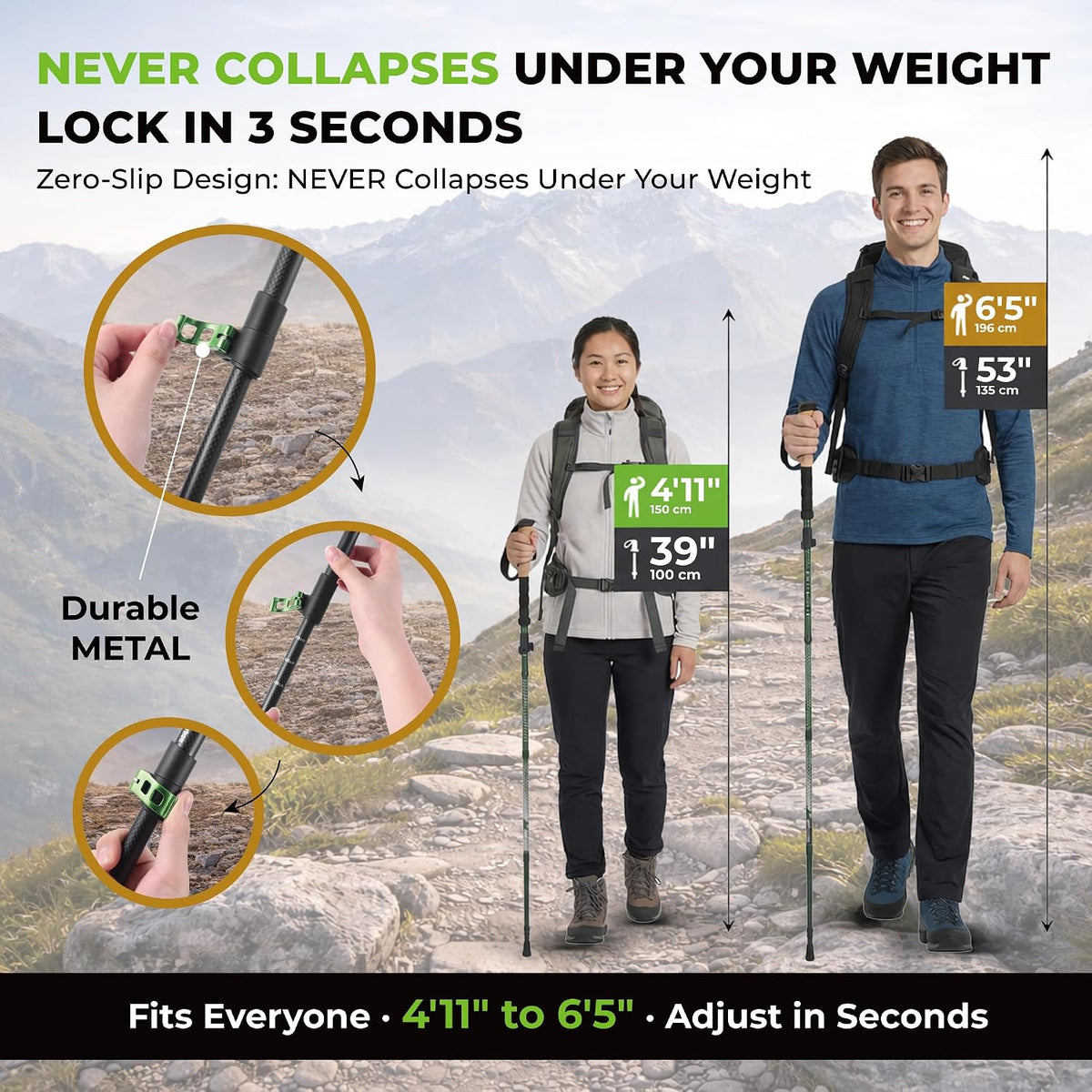 Trekology 3K Carbon Fiber Trekking Poles (210g) - Pair of Ultralight Hiking Poles with Cork Grips, Collapsible Telescopic Walking Sticks, Metal Flip-Locks & 10pc All-Terrain Accessory Kit