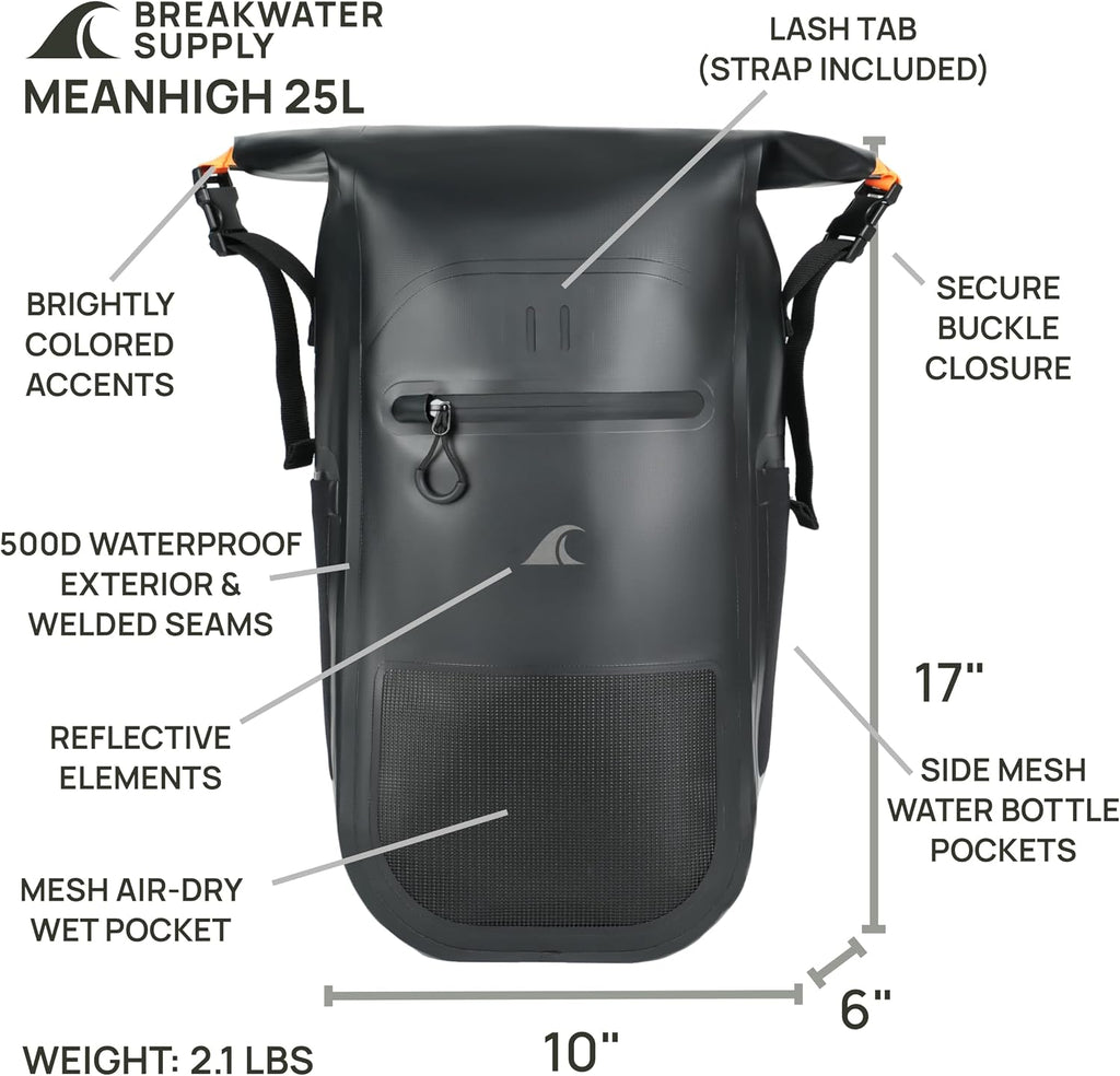 Breakwater Supply™ Meanhigh Dry Bag Waterproof Rolltop Backpack, 25L, Medium/Large, for Water Sports, Moto, Hiking, Camping, with Lightweight Fast-Drying Padding (Black)