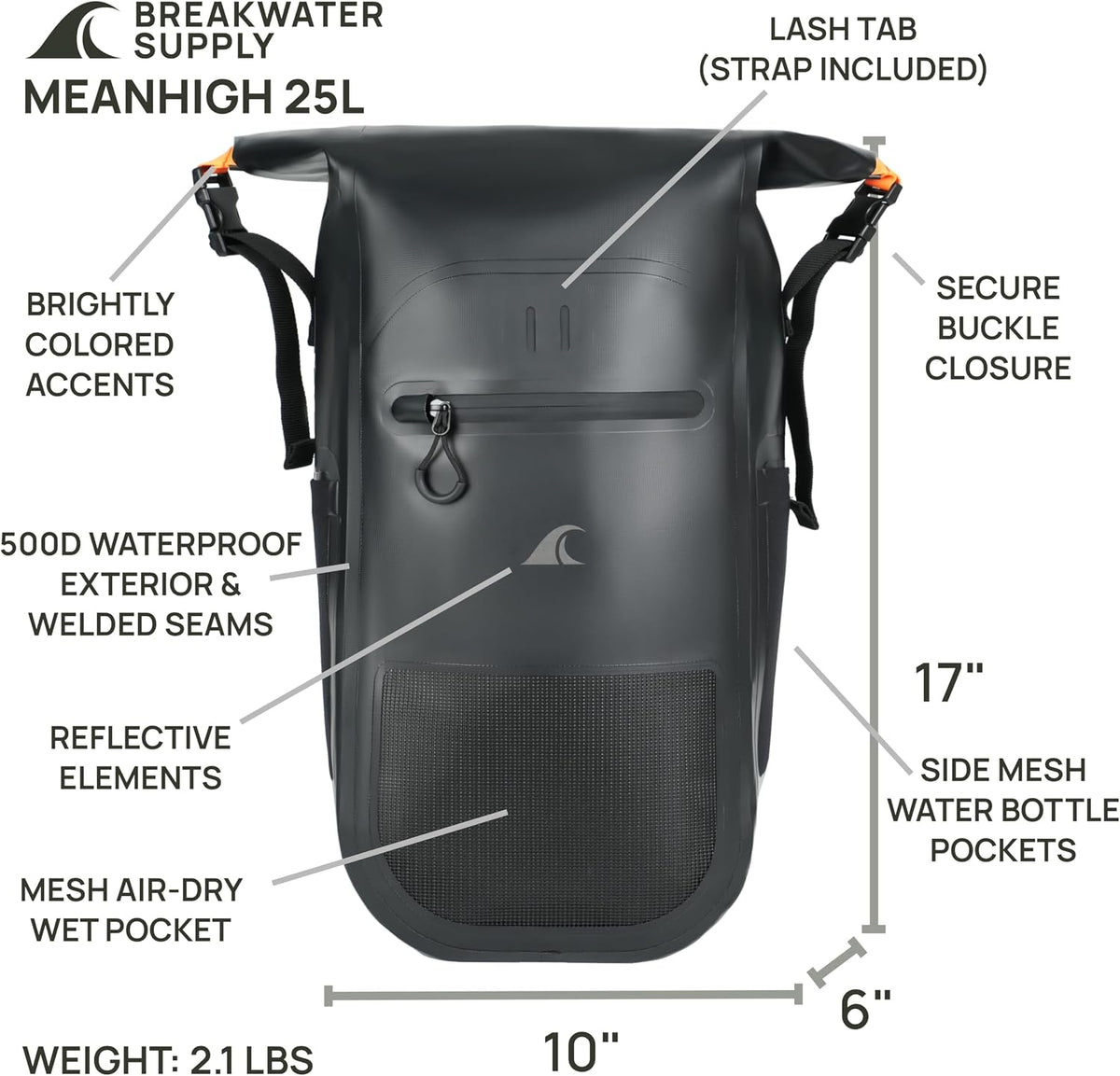 Breakwater Supply™ Meanhigh Dry Bag Waterproof Rolltop Backpack, 25L, Medium/Large, for Water Sports, Moto, Hiking, Camping, with Lightweight Fast-Drying Padding (Black)