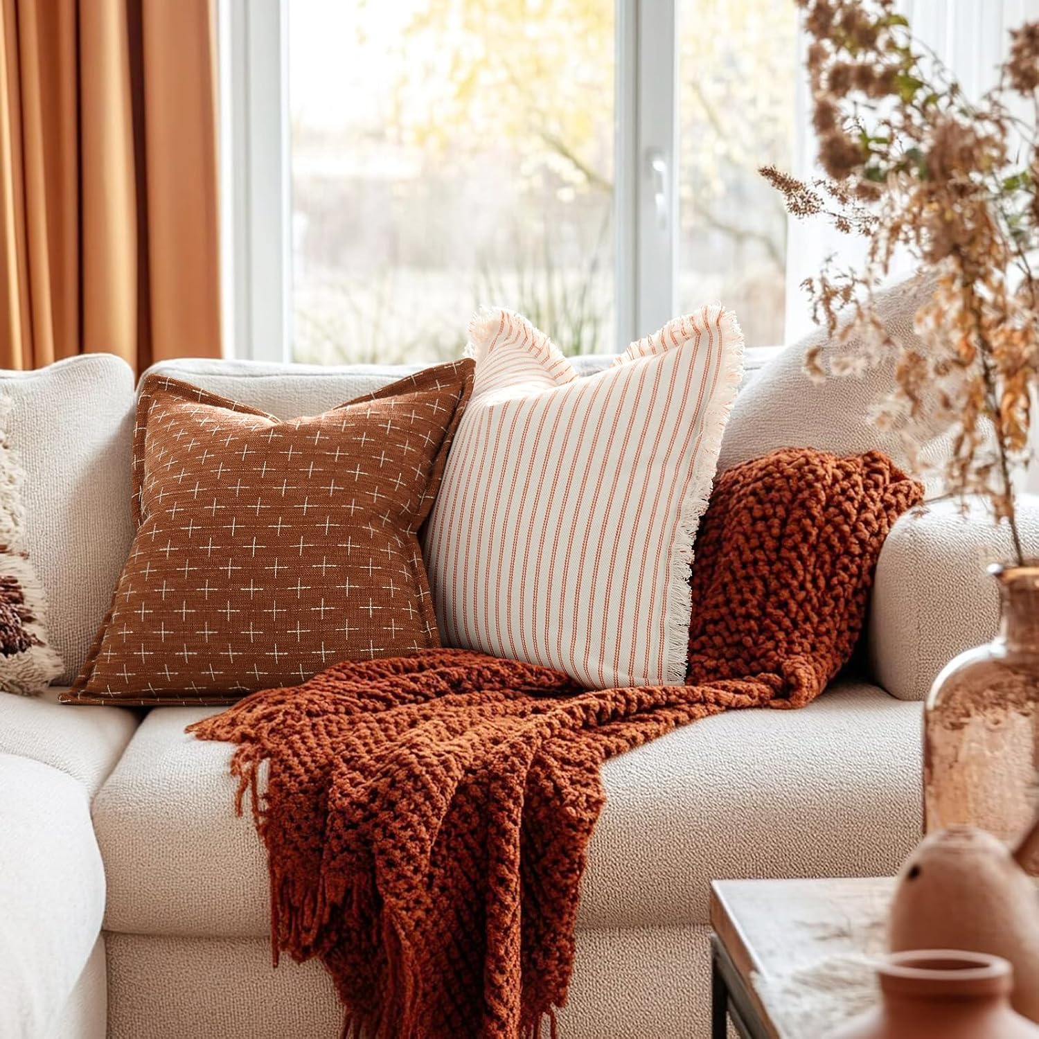 ZWJD Fall Pillow Covers 18x18 Set of 2 Soft Polyester Textured Rust Pillow Covers with Stylish Flange Edge Cozy Farmhouse Throw Pillows for Couch Bed Sofa Living Room Fall Decor