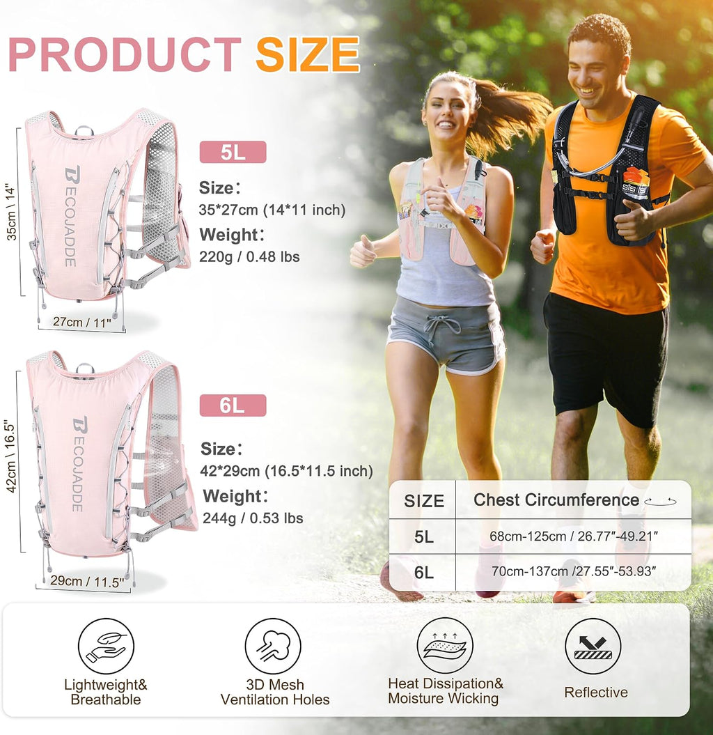 BECOJADDE Running Vest for Women Men, 5L/6L Lightweight Hydration Backpack Running Pack for Marathon, Trail, Cycling, Hiking, Jogging