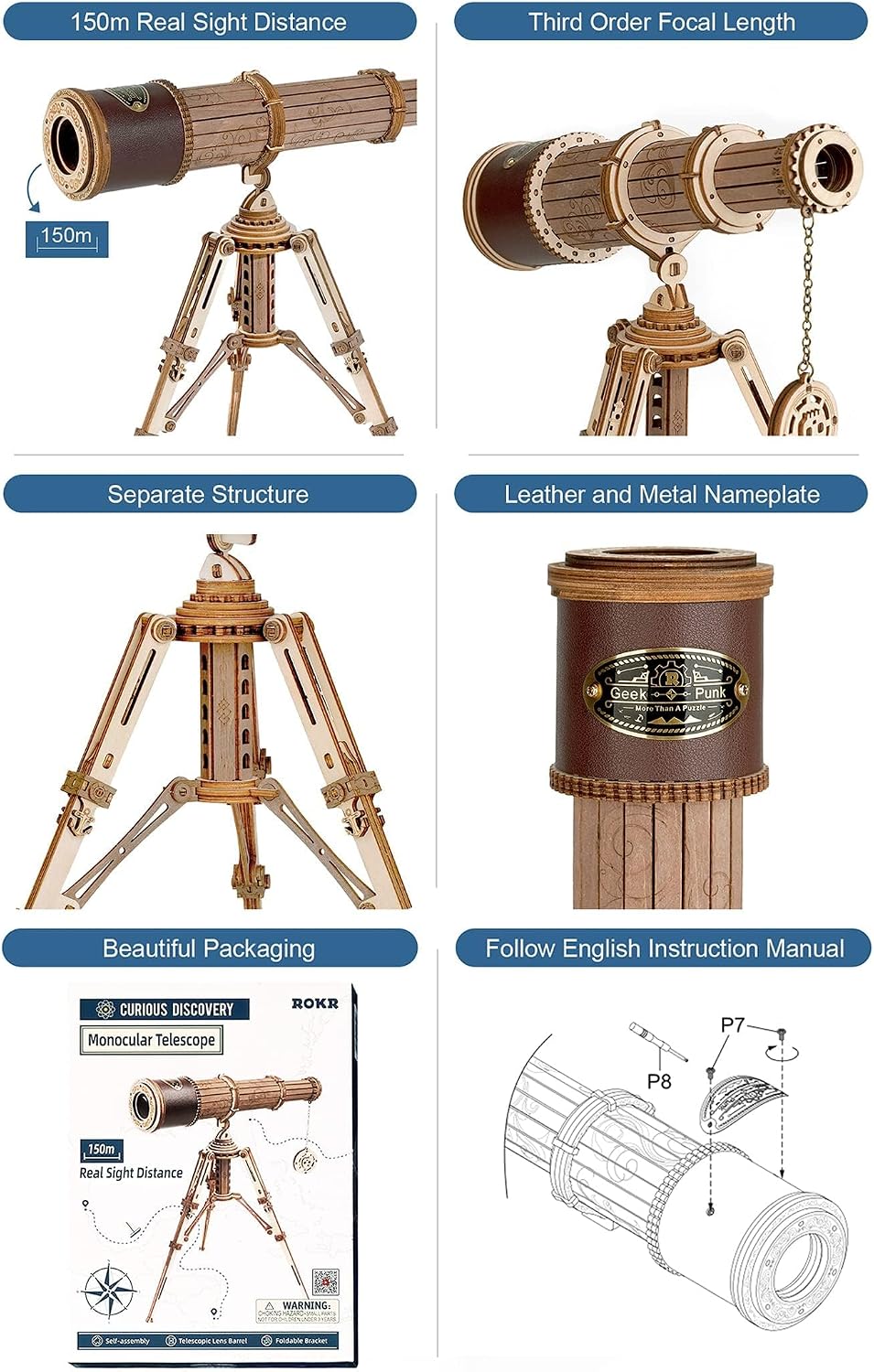 ROKR 3D Puzzles for Adults Wooden Telescope Building Model Kit with Tripod for Adults -3X Magnification Science Kit Gifts for Adult