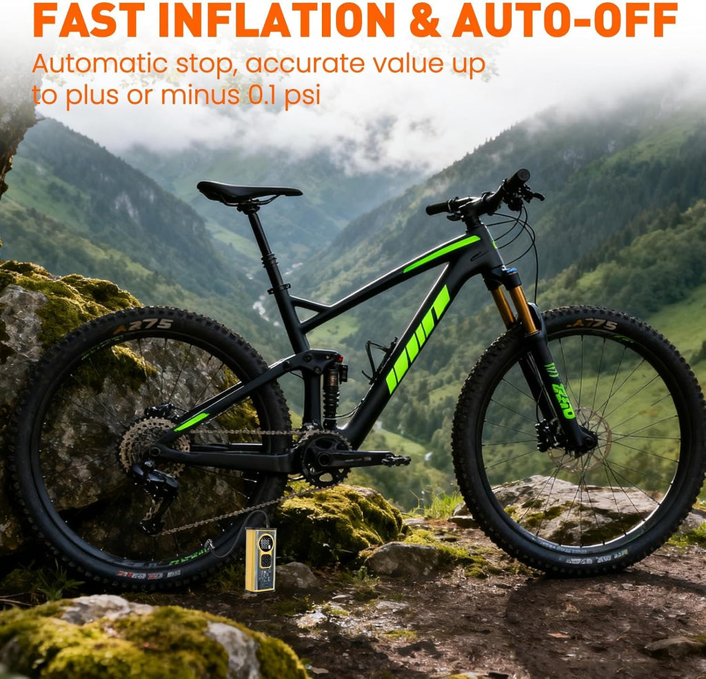 Electric Bike Tire Pump, Portable Electric Air Pump for Road Bicycle, E-Bike, Motorcycle, Car Tires and Sports Ball Inflation
