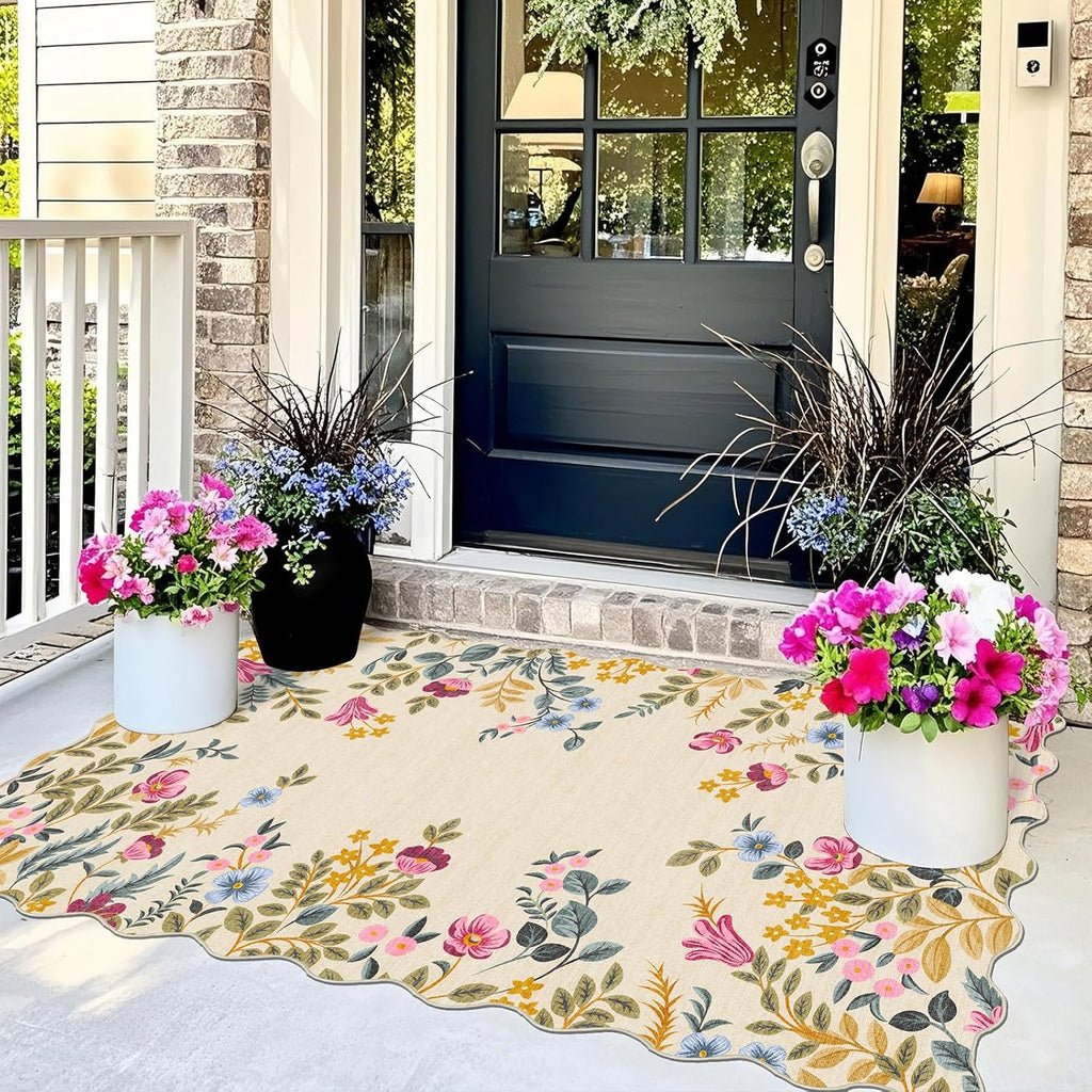 Colorful Floral Entry Rug - 3x5 Ft Washable Indoor Outdoor Front Door Mat Outside Entrance Front Porch Mat Non-Slip Boho Throw Rugs for Living Room Bedroom Entryway Kitchen Office Porch Decor