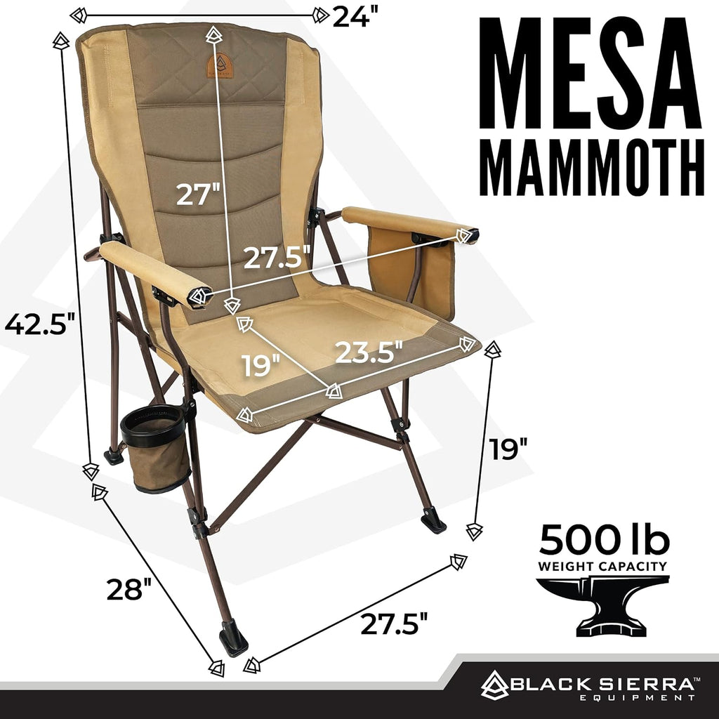 Black Sierra Oversize High Back Camping Chair for Adults, Supports 500 lbs, XL Heavy Duty Portable Folding Chair for Heavy People, Steel Frame Padded Outdoor Seat with Cup Holder and Carry Bag
