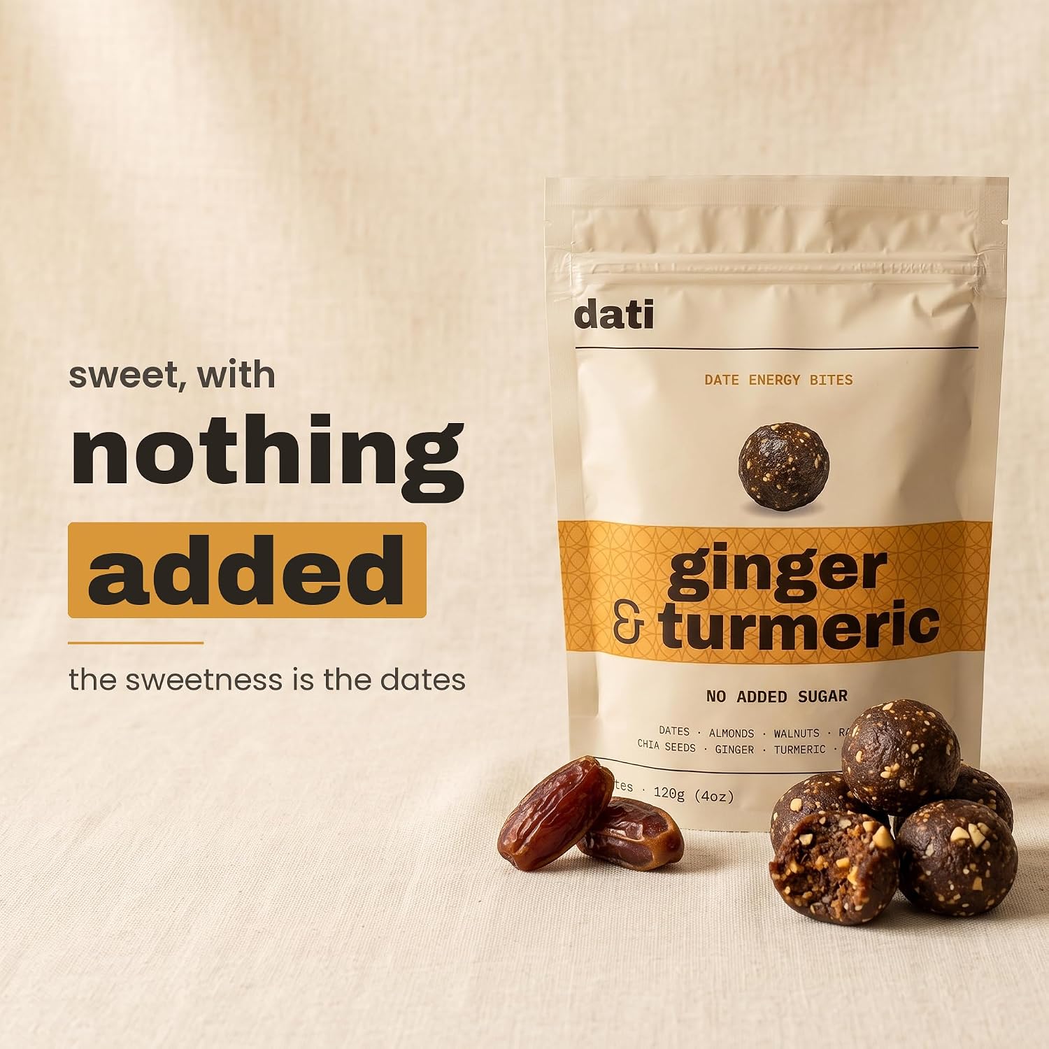 DATI Date Bites, High Fiber Healthy Snack, No Added Sugar, Ginger Turmeric