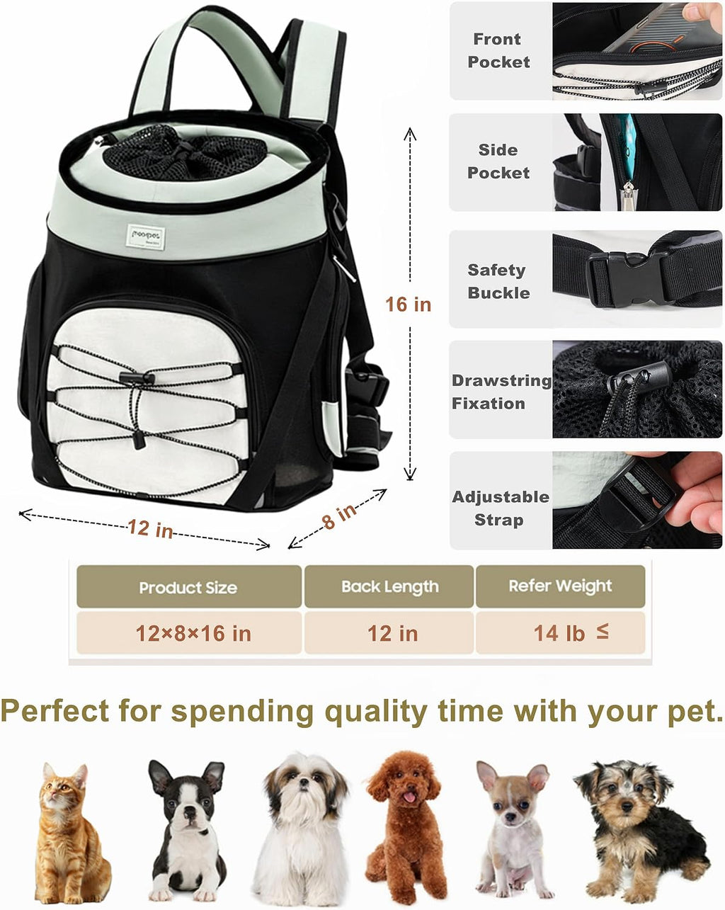 Pet Dog Carrier Backpack Small Dog Medium Cats Front Backpack with Storage Pockets,Adjustable Straps,Ventilated for Hiking Camping Travel,Max 14 lbs (Light Green)