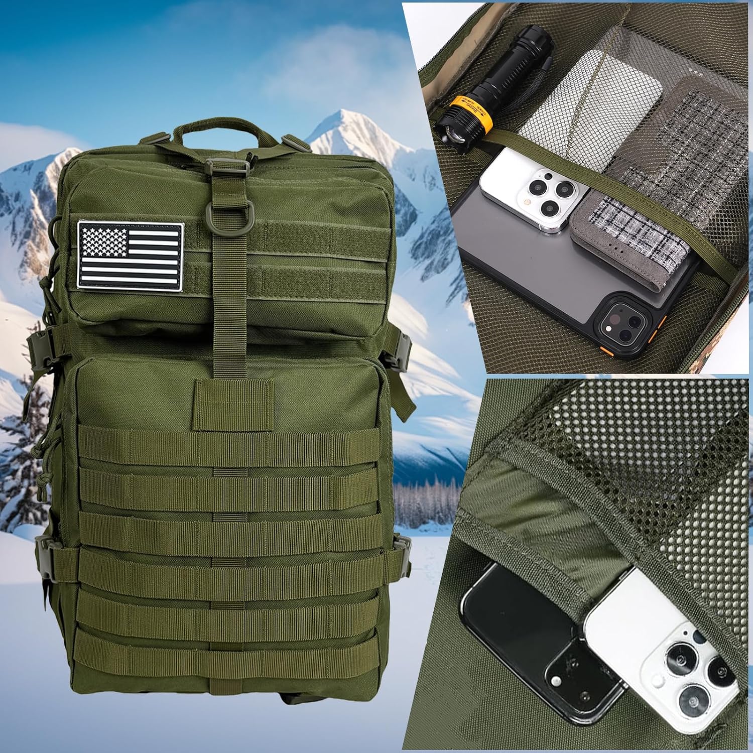 50L Large Military Tactical Backpack Molle Army Assault Pack for Travel Camping Hiking Fishing Backpack for men (green)