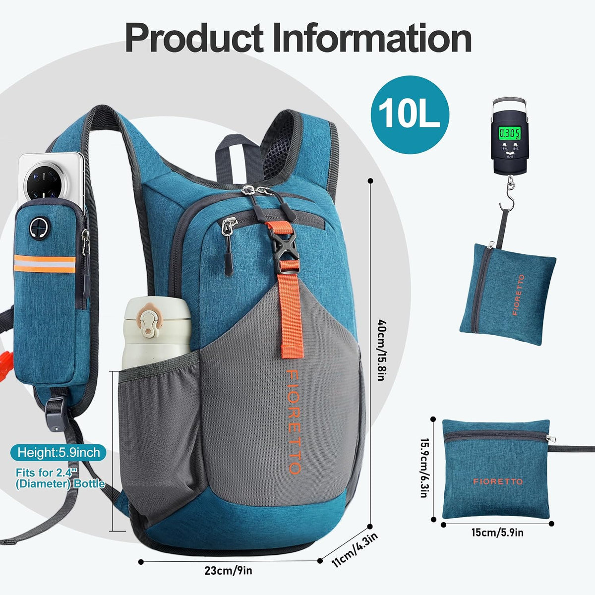 FIORETTO 10L Hiking Backpack for Men Women Lightweight Foldable Small Daypack for Travel Camping Outdoor, Turquoise