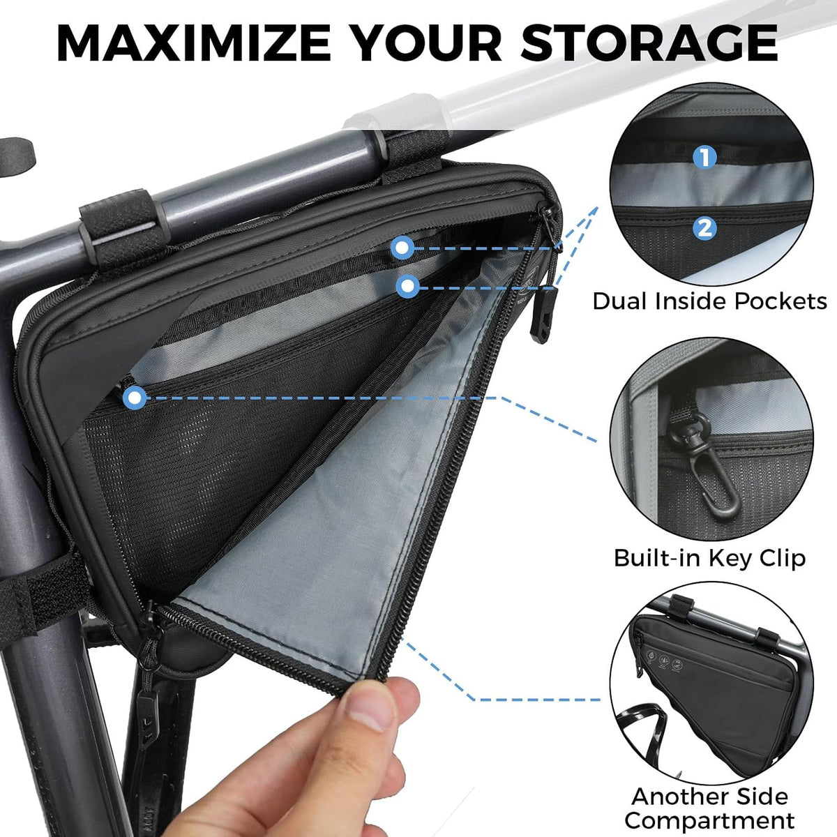 Bike Frame Bag, Reflective Water-Resistant Bicycle Triangle Pouch | 2L Two Side Pockets, Cycling Storage Tool Accessories Pouch for Mountain Road Bike