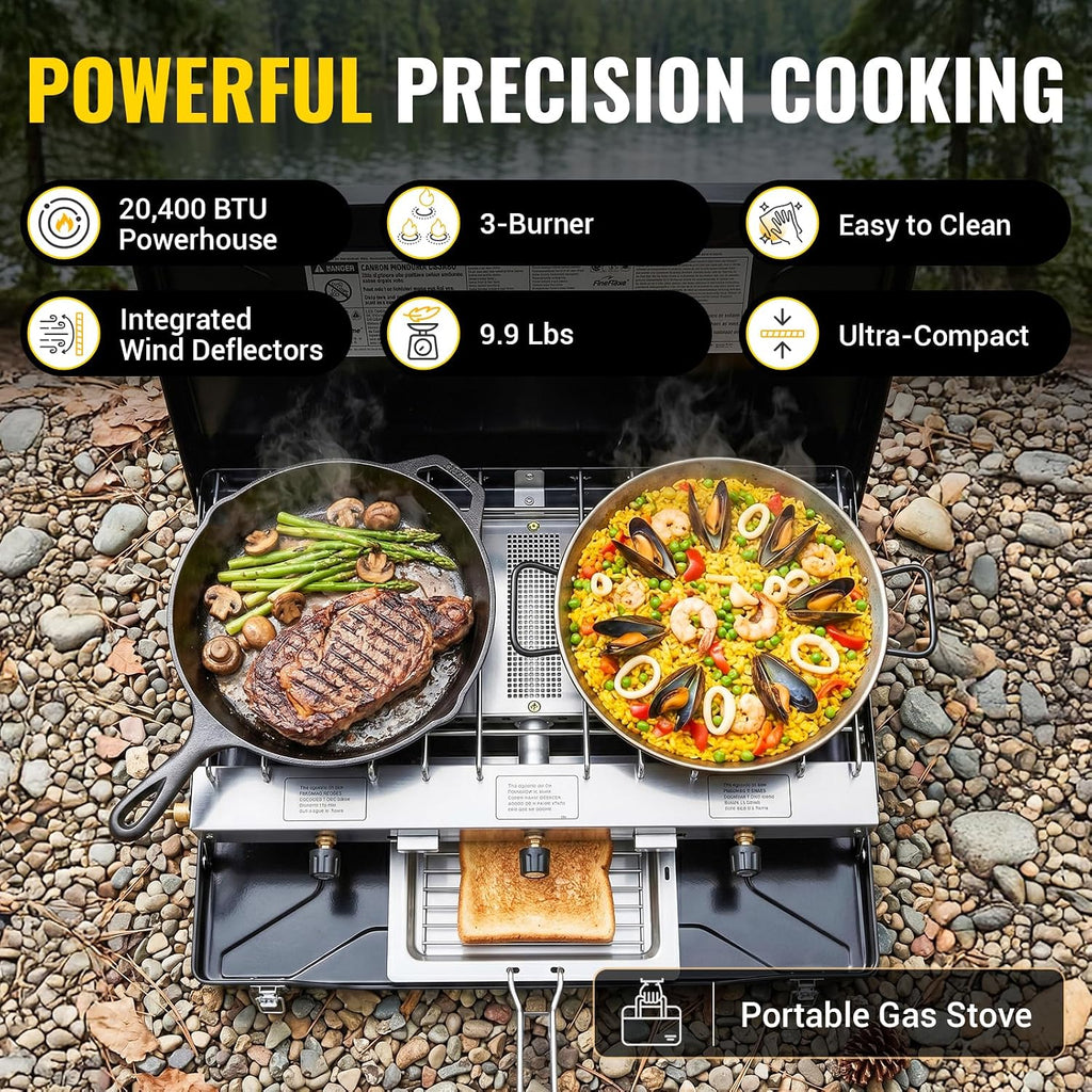 FineFlame Camping Stove, Propane Portable Camp Stove, 20400BTU-3 Burners