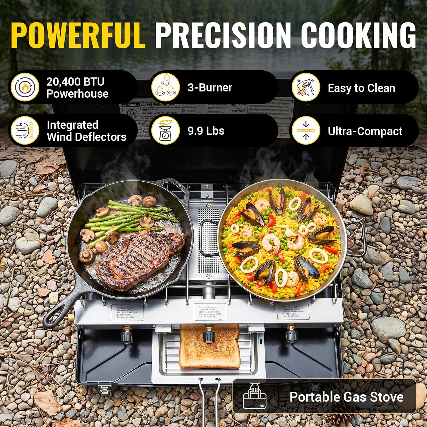 FineFlame Camping Stove, Propane Portable Camp Stove, 20400BTU-3 Burners