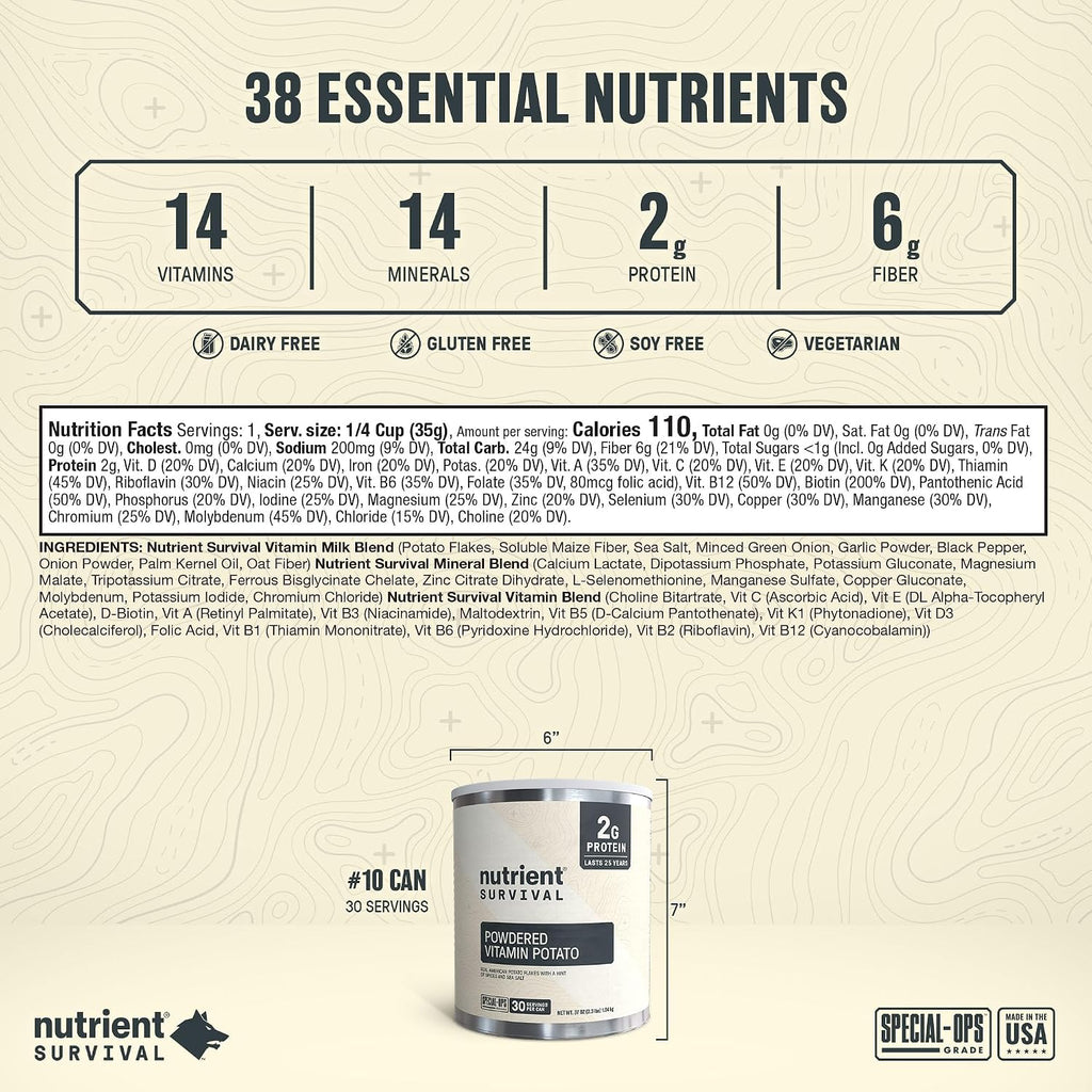 Nutrient Survival Potato Flakes, Powdered Vitamin Potato (30 Servings) for Mashed Potatoes, Soups, Emergency Food Supply & Camping Supplies, 38 Nutrients, Shelf Stable Up to 25 Years, One Can