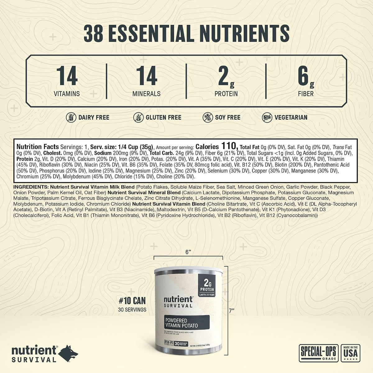 Nutrient Survival Potato Flakes, Powdered Vitamin Potato (30 Servings) for Mashed Potatoes, Soups, Emergency Food Supply & Camping Supplies, 38 Nutrients, Shelf Stable Up to 25 Years, One Can