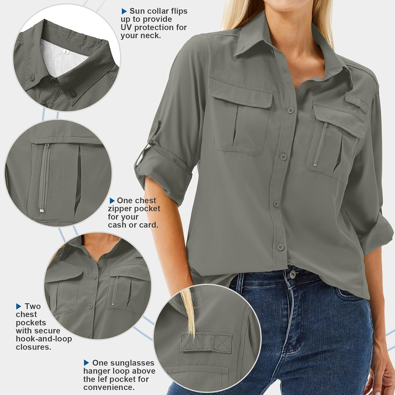 Women's UPF 50 Long Sleeve Sun Protection Safari Fish Hiking Shirts