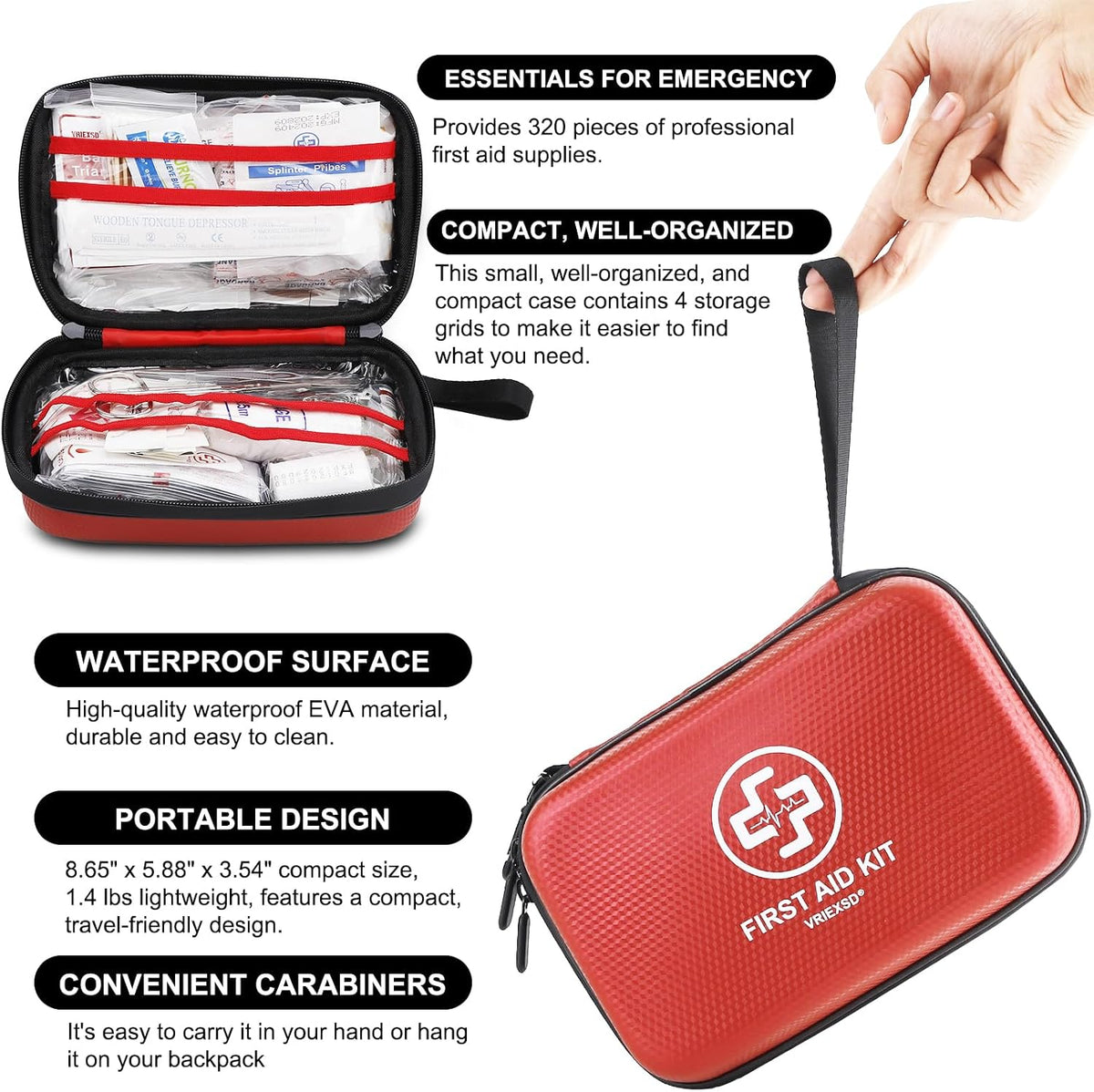 VRIEXSD Premium 320-Piece First Aid Kit, Waterproof EVA Hard Shell Case,Red