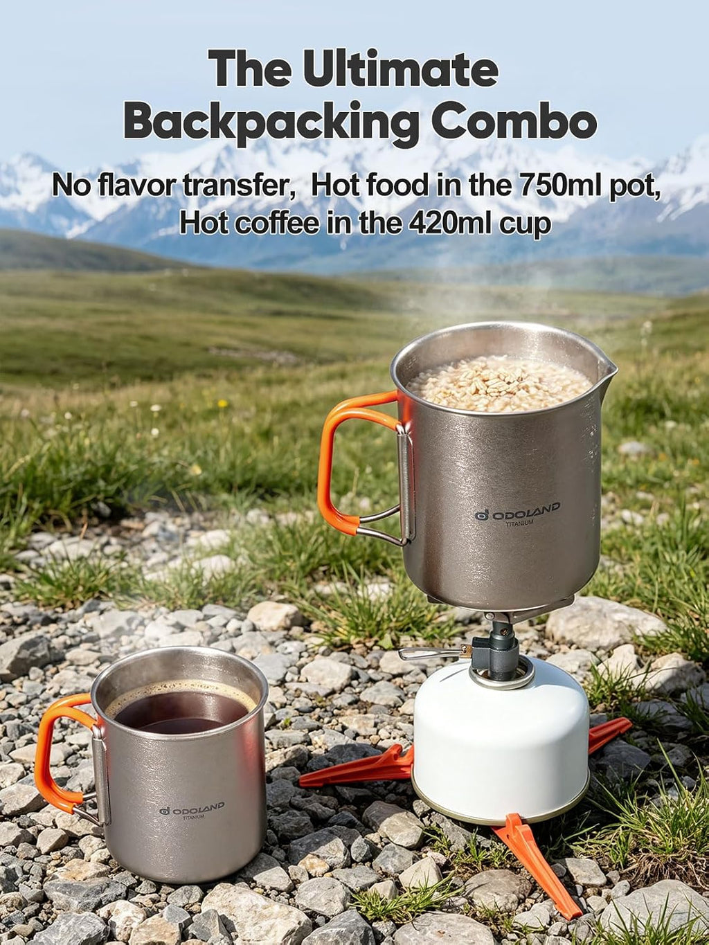 Odoland Titanium Camping Cookware 420ML & 750ML Titanium Pot with Lid and Spork Lightweight Camping Pot for Backpacking Hiking Traveling and Picnic