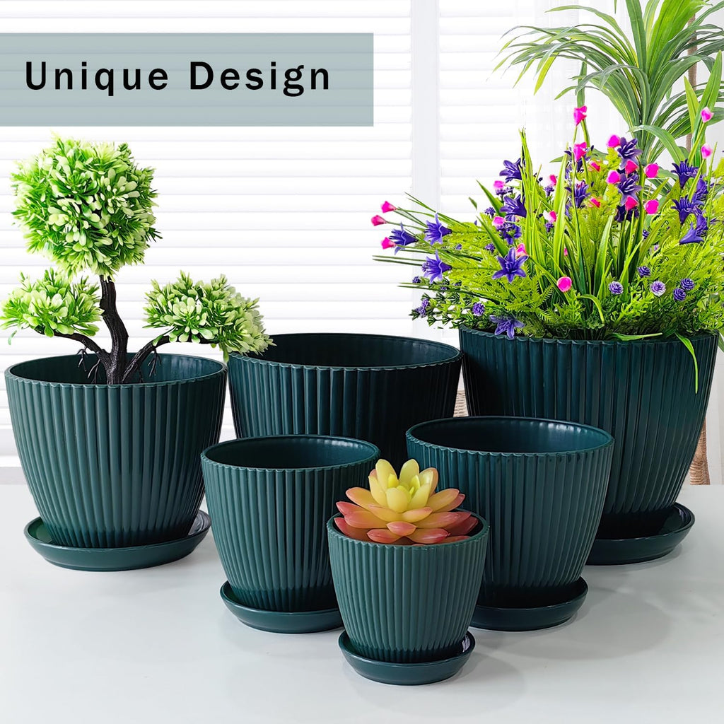 RooTrimmer Multi Size Plastic Pots 6 Pack, Drain Holes, Saucers, Dark Green