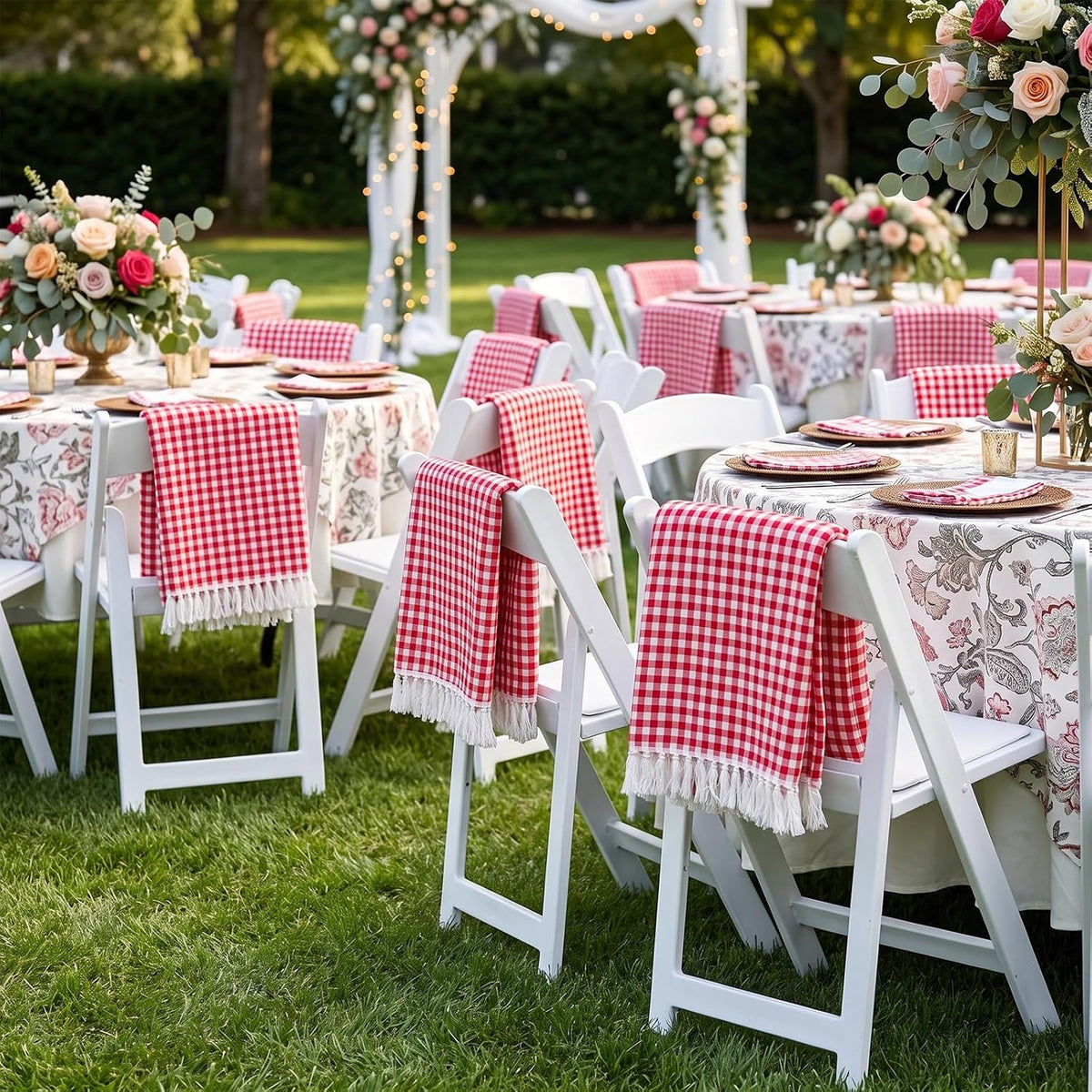 Frienda 6 Pcs Large Red Gingham Outdoor Picnic Blanket Boho 59 x 36 Inch