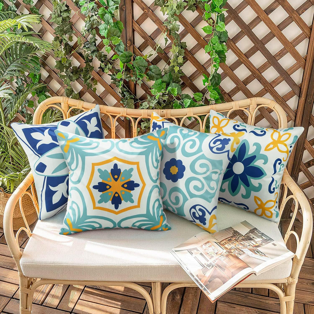 Pyonic Outdoor Waterproof Throw Pillow Covers Set of 4 Floral Printed and Boho Farmhouse Summer Outdoor Pillow Covers for Patio Funiture Garden 18x18 Inch Blue