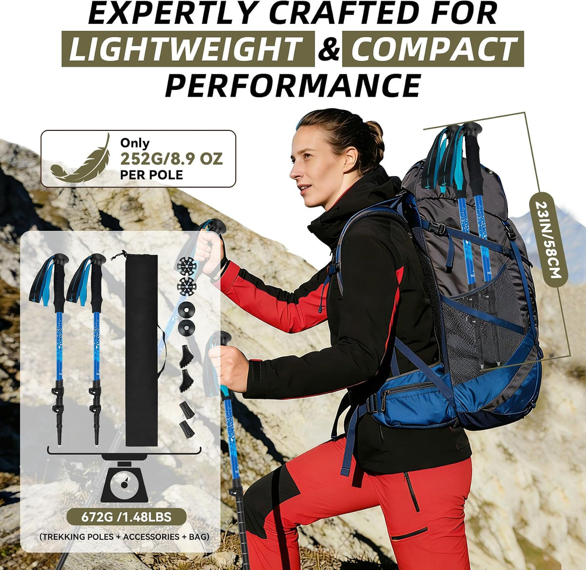 Telescopic Trekking Poles for Hiking, Lightweight Walking Sticks