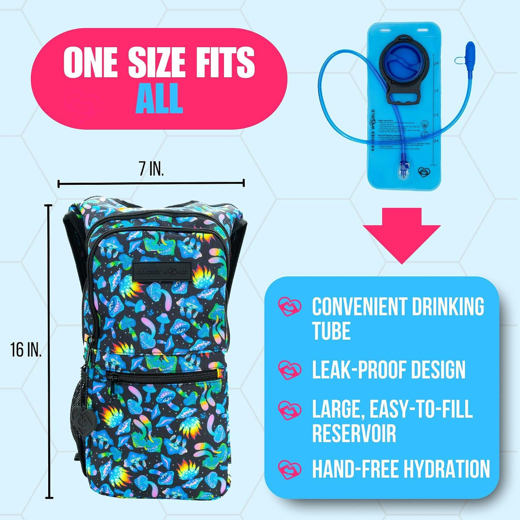 Kandies World Reflective Festival Hydration Pack - 2L Hydropack for Raves, Hiking, Biking, Running, and More (with Anti-Theft Pocket)