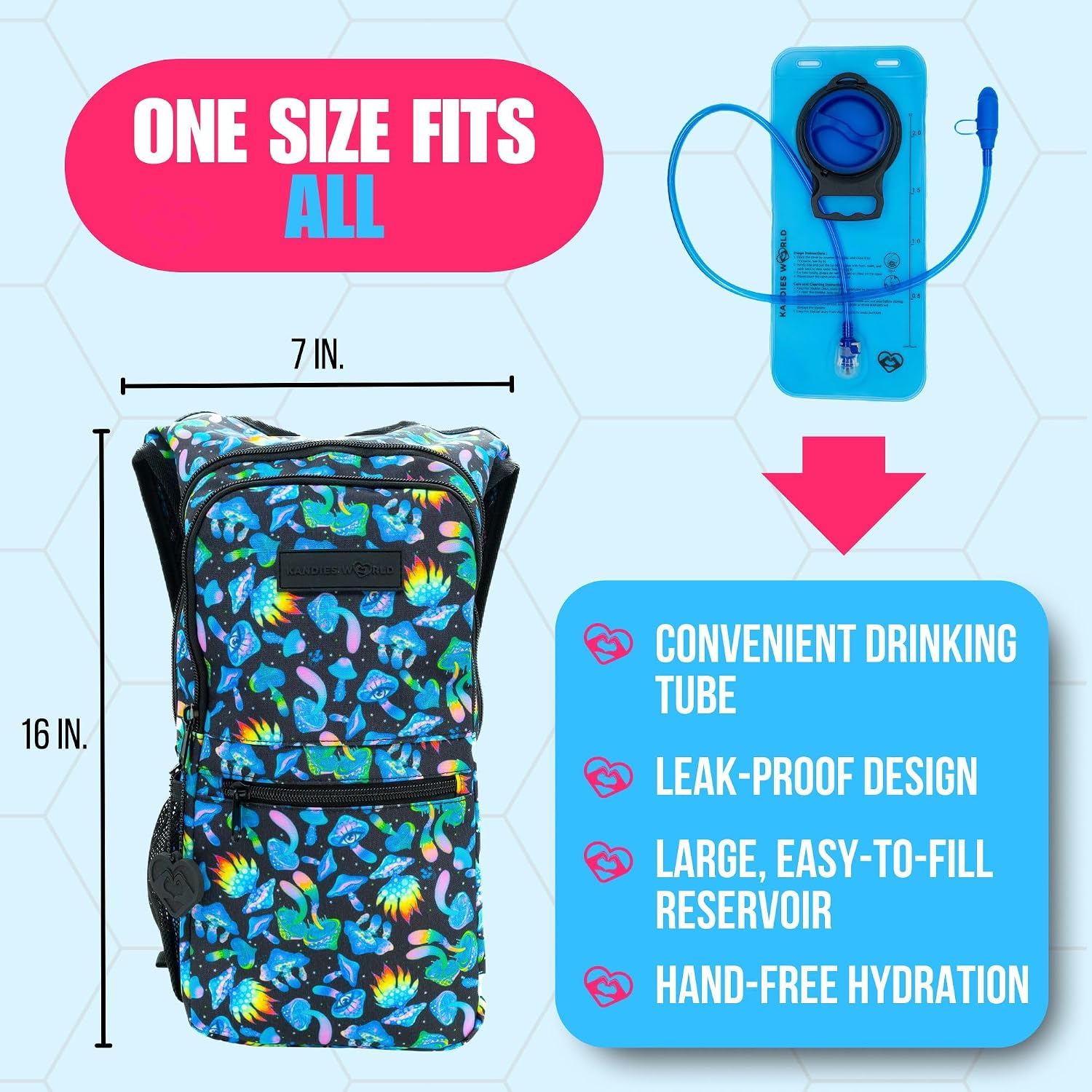 Kandies World Reflective Festival Hydration Pack - 2L Hydropack for Raves, Hiking, Biking, Running, and More (with Anti-Theft Pocket)