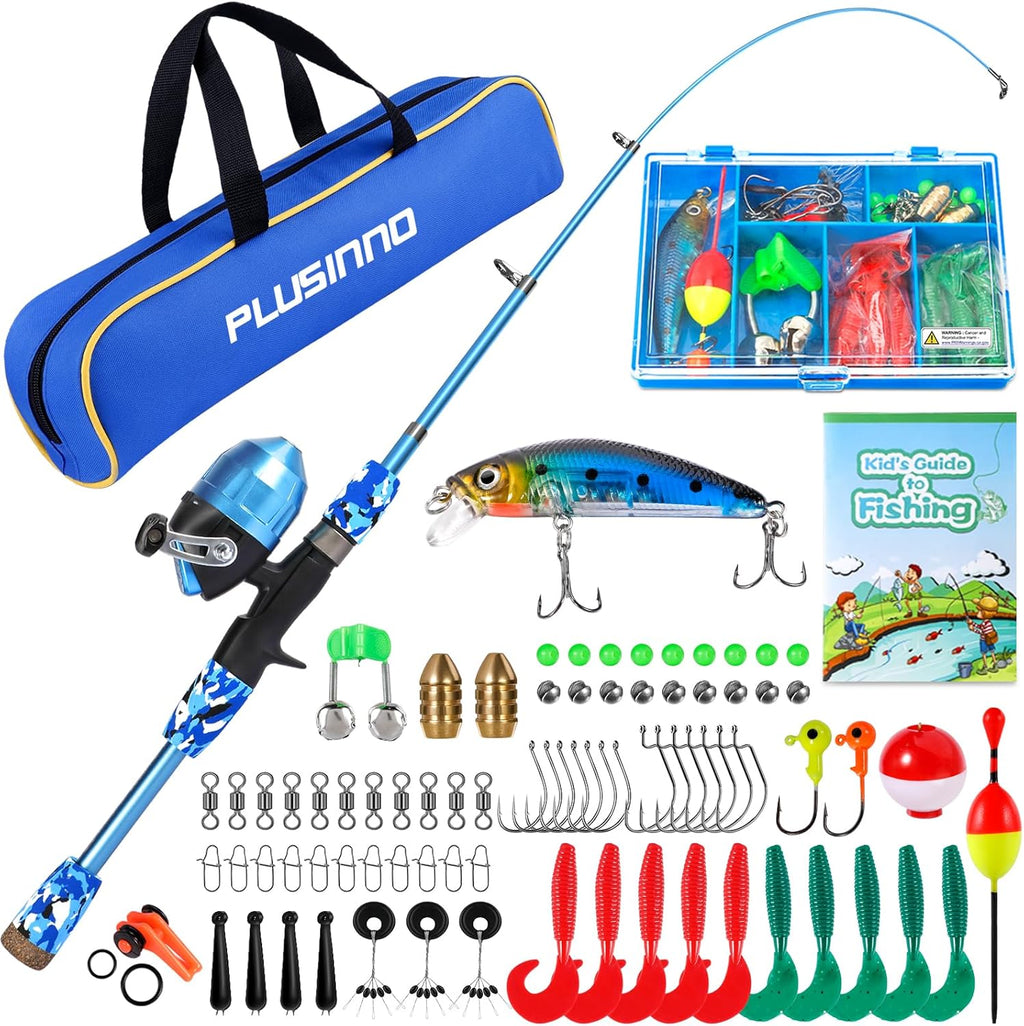PLUSINNO Kids Fishing Pole with Spincast Reel Telescopic Fishing Rod Combo Full Kits for Boys, Girls, and Adults