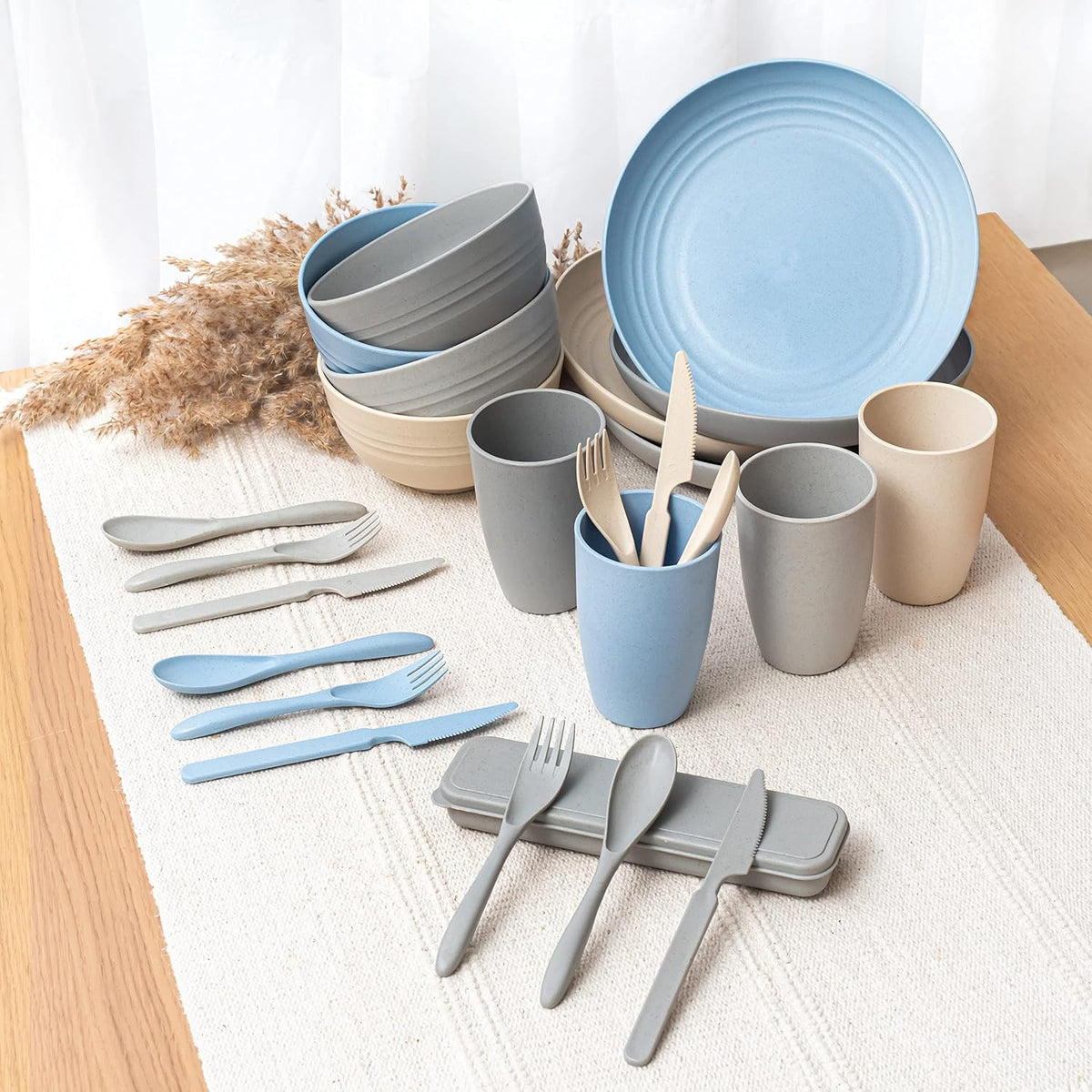 FOODLE Wheat Straw Dinnerware Set - RV, Camping Plates Cups and Bowls Set