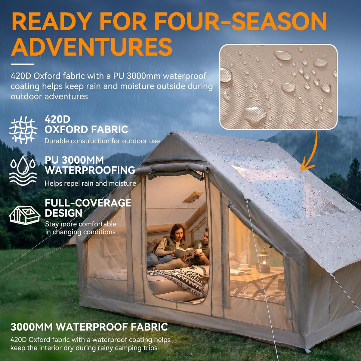 Inflatable Camping Tent, 5-Minute Setup, 4-6 Person Family Tent