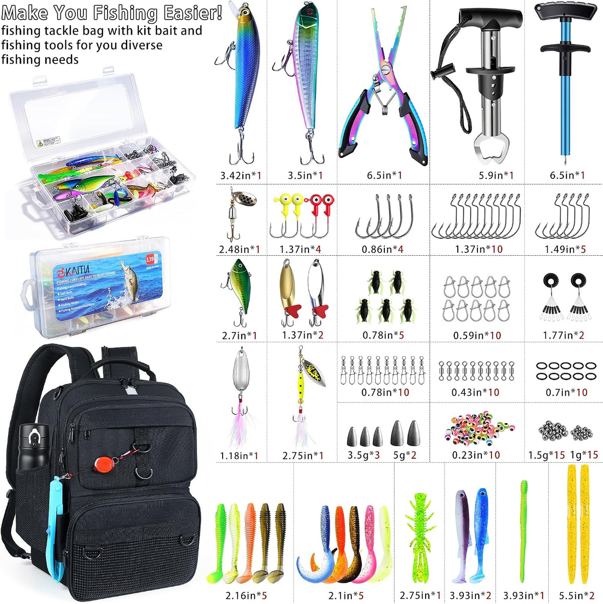 Fishing Backpack with Tackle Boxes and Rod Holder, Fish Lure Kit and Tool