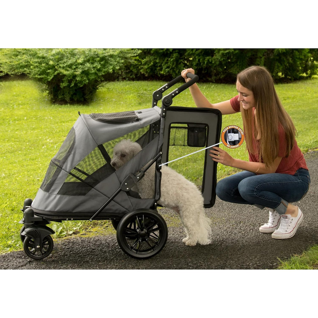Pet Gear NO-Zip Pet Stroller with Dual Entry, Push Button Zipperless Entry for Single or Multiple Dogs/Cats, Pet Can Easily Walk in/Out, Gel-Filled Tires, Lava Gray, Excursion