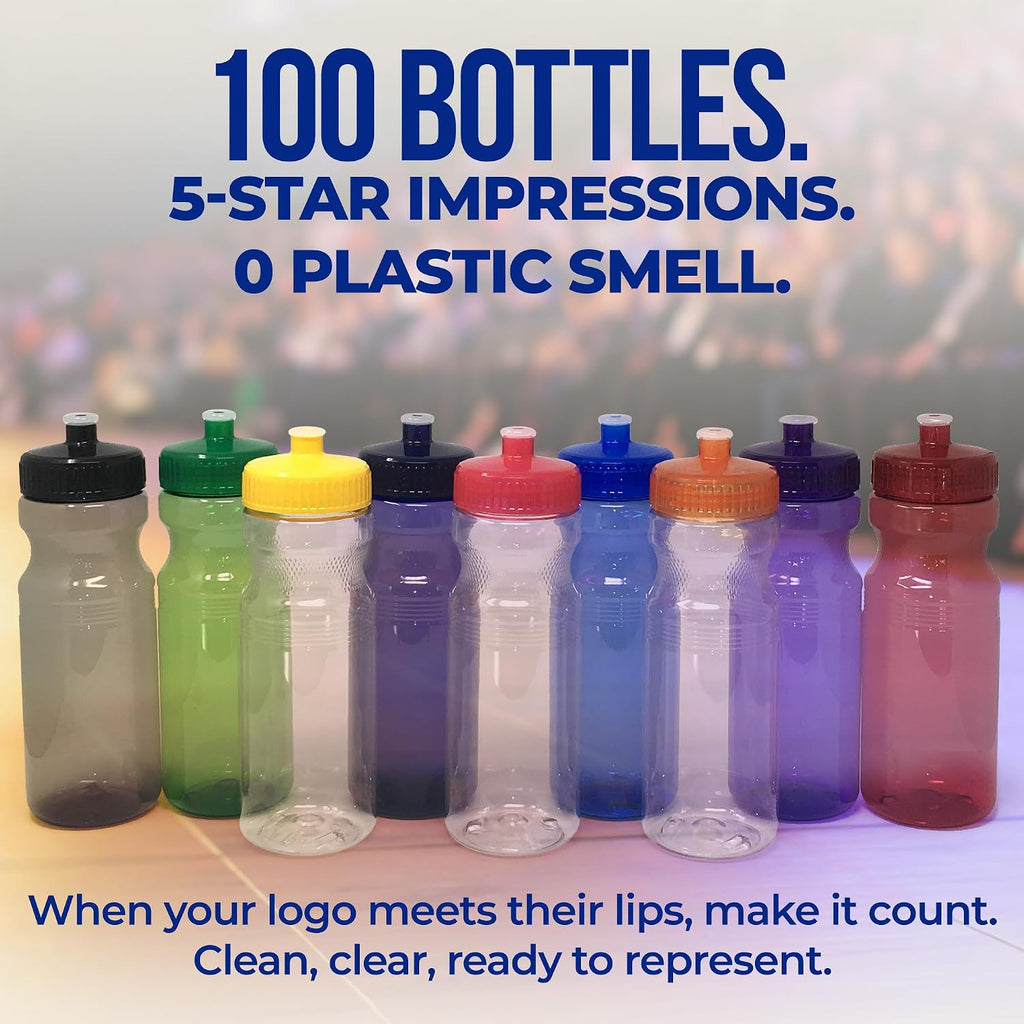 Rolling Sands Reusable Bulk Water Bottles 100 Pack - 24 Oz Sports Water Bottles, USA Made, BPA-Free, Wide Mouth for Easy Cleaning, Break Resistant - Translucent Green Bottle/Green Lid