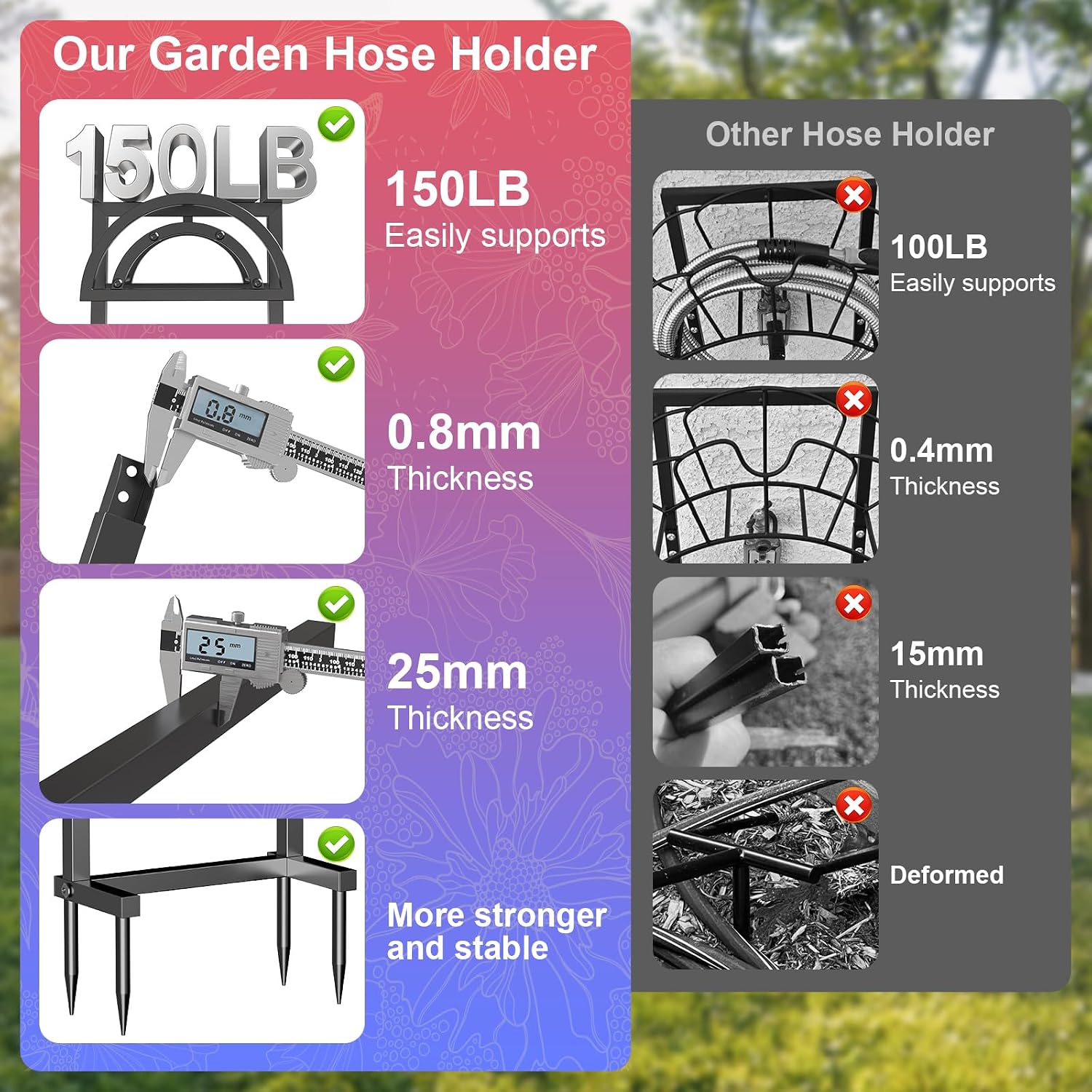 OLV Hose Holder Holds 150-ft Water Pipe, Outdoor Freestanding Heavy Duty Water Hose Holder Reel with 4 Spikes, Detachable Metal Hose Storage Stand Hanger Rack for Outside Yard Lawn Farm, Black