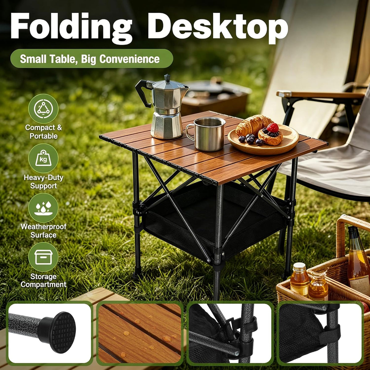 19.7"L x 20.9"W Folding Camping Table with Adjustable Height Brown