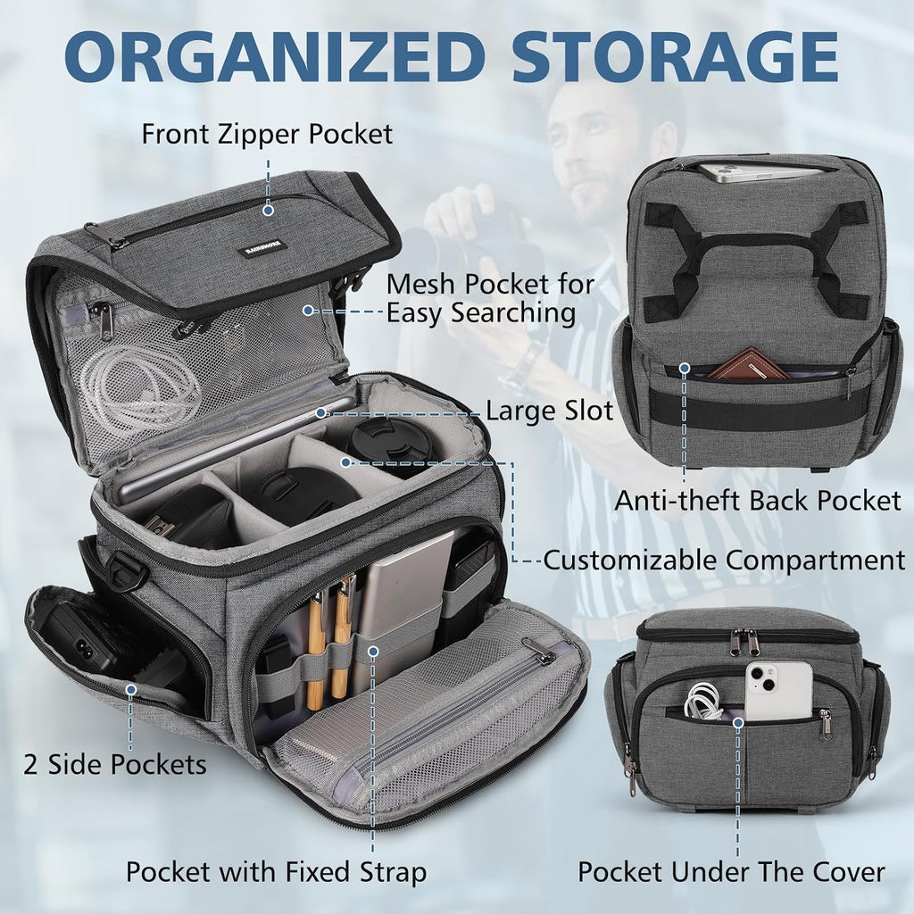 RAINSMORE Camera Bag, DSLR/SLR/Mirrorless Camera Sling Bag for Photographers Waterproof Small Camera Case with Tripod Holder & Rain Cover Camera Crossbody Bag for Canon/Nikon/Sony/Fuji, Grey