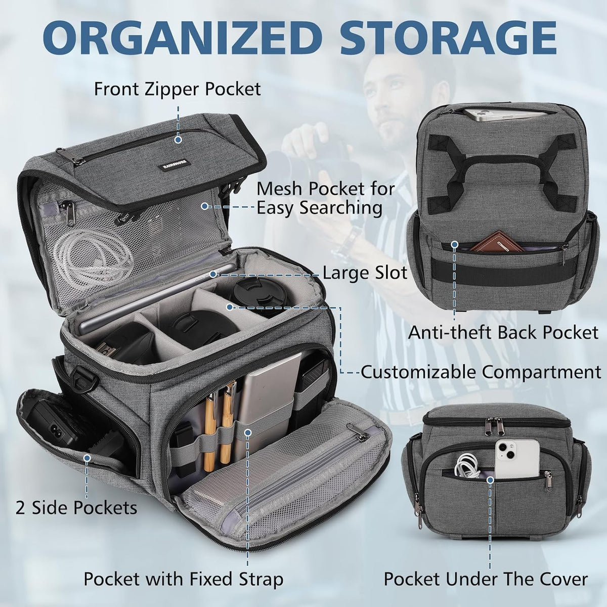 RAINSMORE Camera Bag, DSLR/SLR/Mirrorless Camera Sling Bag for Photographers Waterproof Small Camera Case with Tripod Holder & Rain Cover Camera Crossbody Bag for Canon/Nikon/Sony/Fuji, Grey
