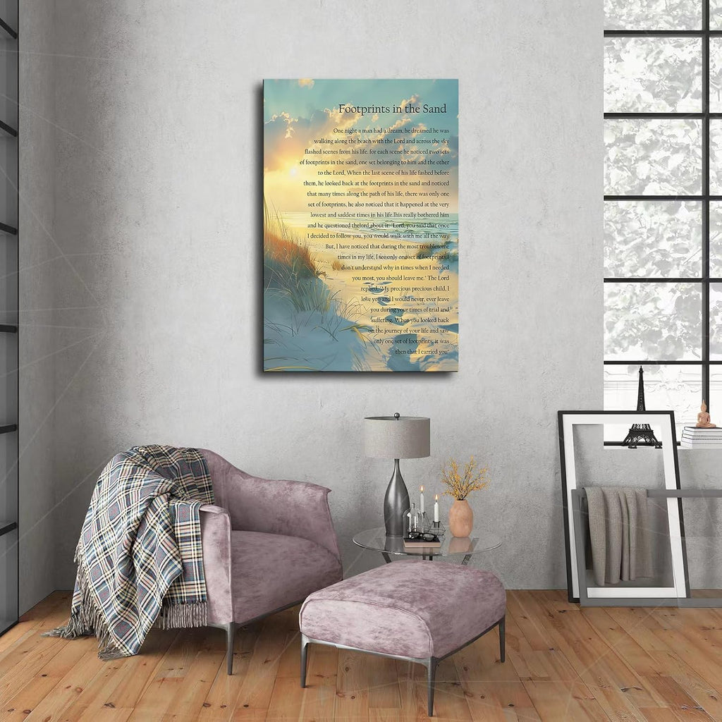Footprints In The Sand Wall Art Religious Poem Poster Canvas Painting Picture Printing Living Room Bedroom Decoration Framed (16x24inch-Framed)