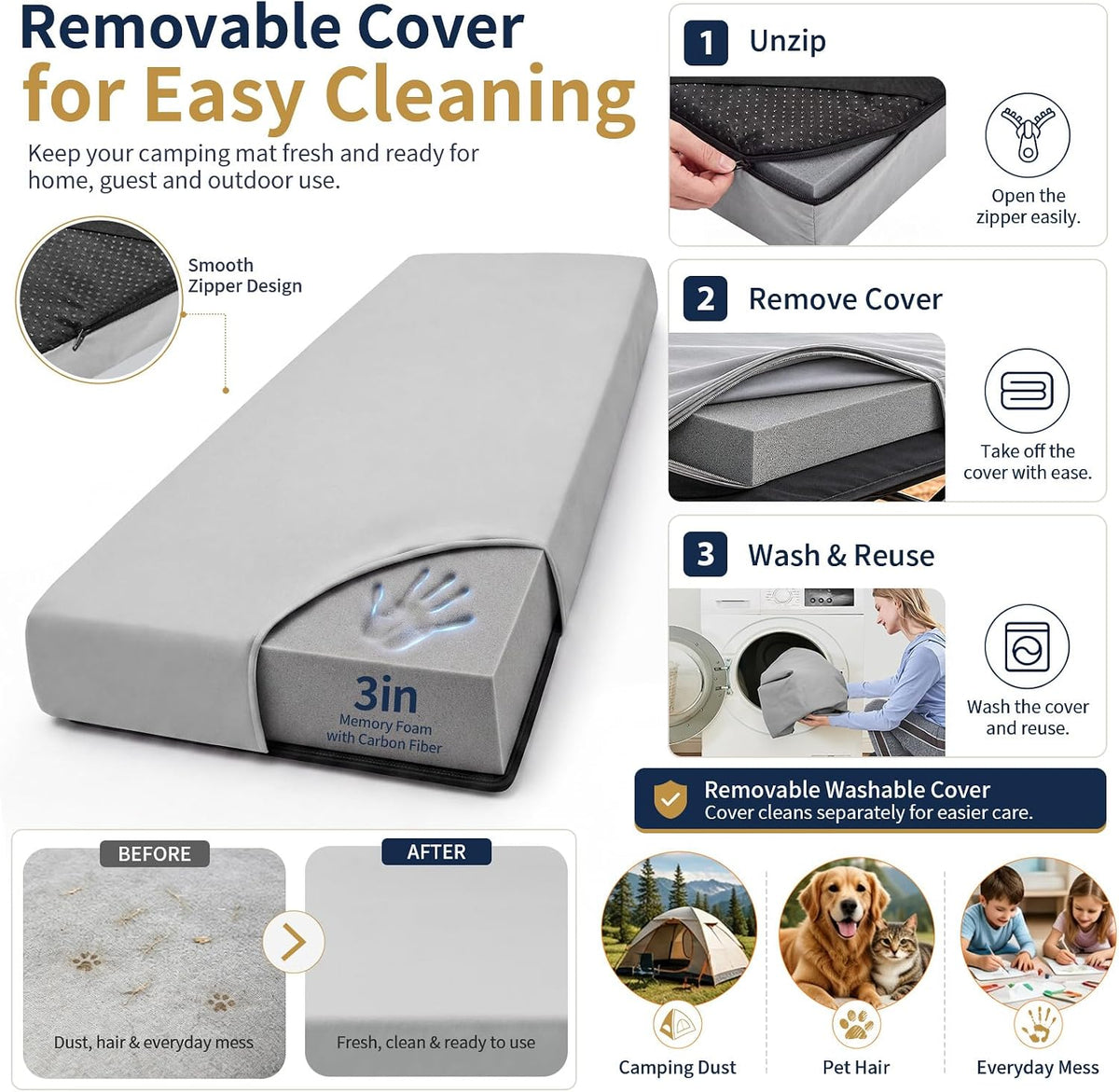 CYMULA Memory Foam Camping Mattress Pad,Sleeping Pad for Camping,Non-Slip Bottom Floor Car Mattress Bed with Retaining Portable Roll up Mattress Pad Mat for Travel Truck Guest Bed Tent